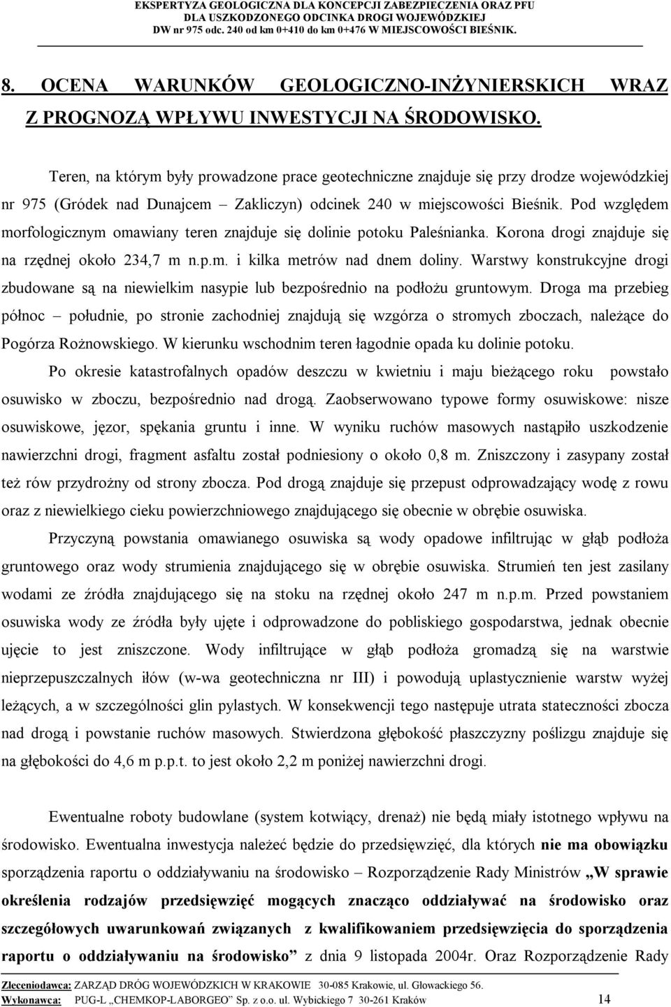 Pod względem morfologicznym omawiany teren znajduje się dolinie potoku Paleśnianka. Korona drogi znajduje się na rzędnej około 234,7 m n.p.m. i kilka metrów nad dnem doliny.