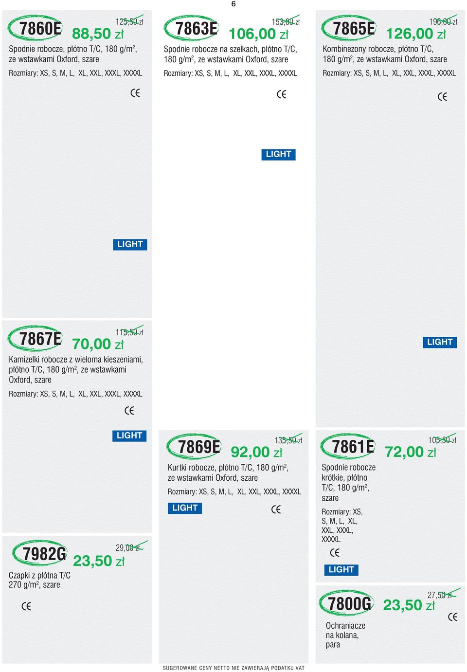 LIGHT 7867E 70,00 z 115,50 z Kamizelki robocze z wieloma kieszeniami, p ótno T/C, 180 g/m 2, ze wstawkami Oxford, szare XS, S, M, L, XL, XXL, XXXL, XXXXL LIGHT 7982G Czapki z p ótna T/C 270 g/m 2,
