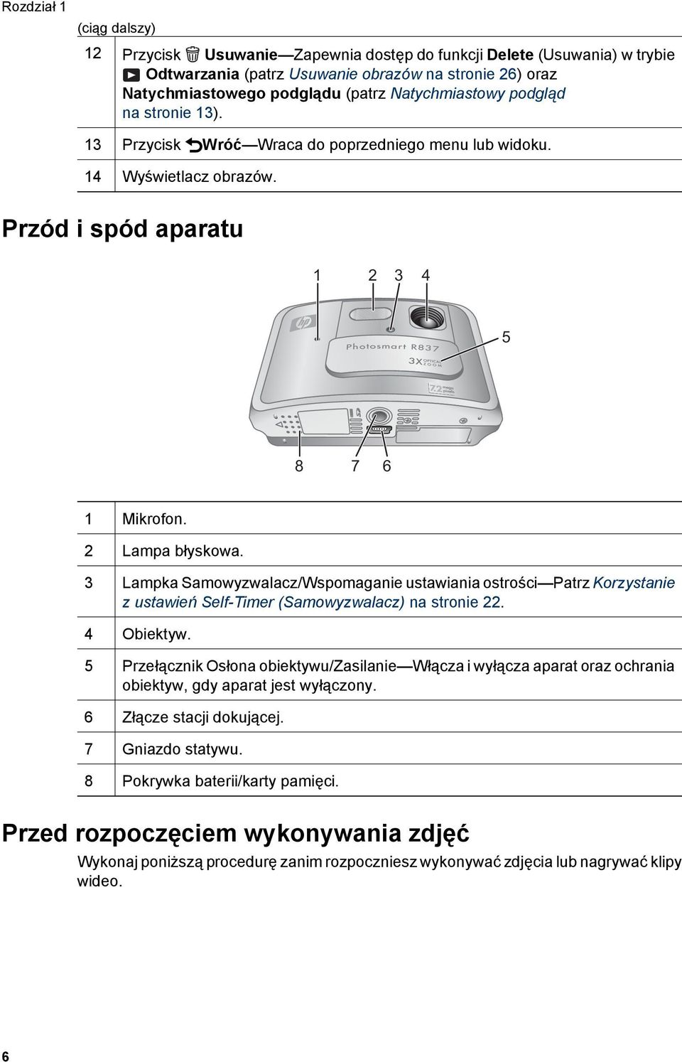 3 Lampka Samowyzwalacz/Wspomaganie ustawiania ostrości Patrz Korzystanie z ustawień Self-Timer (Samowyzwalacz) na stronie 22. 4 Obiektyw.