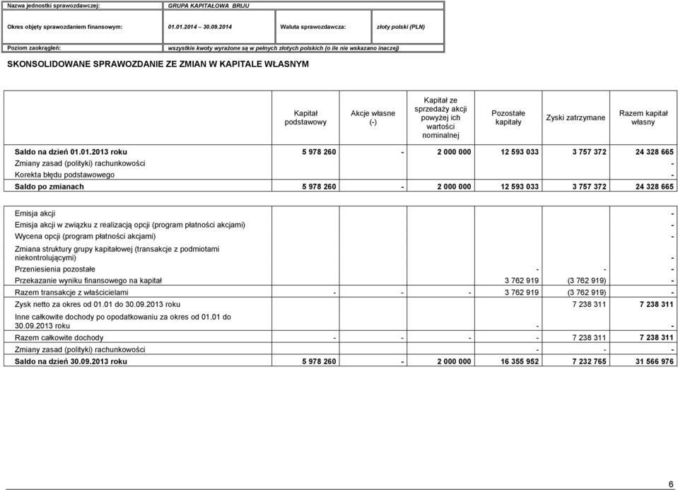 01.2013 roku 5 978 260-2 000 000 12 593 033 3 757 372 24 328 665 Zmiany zasad (polityki) rachunkowości - Korekta błędu podstawowego - Saldo po zmianach 5 978 260-2 000 000 12 593 033 3 757 372 24 328
