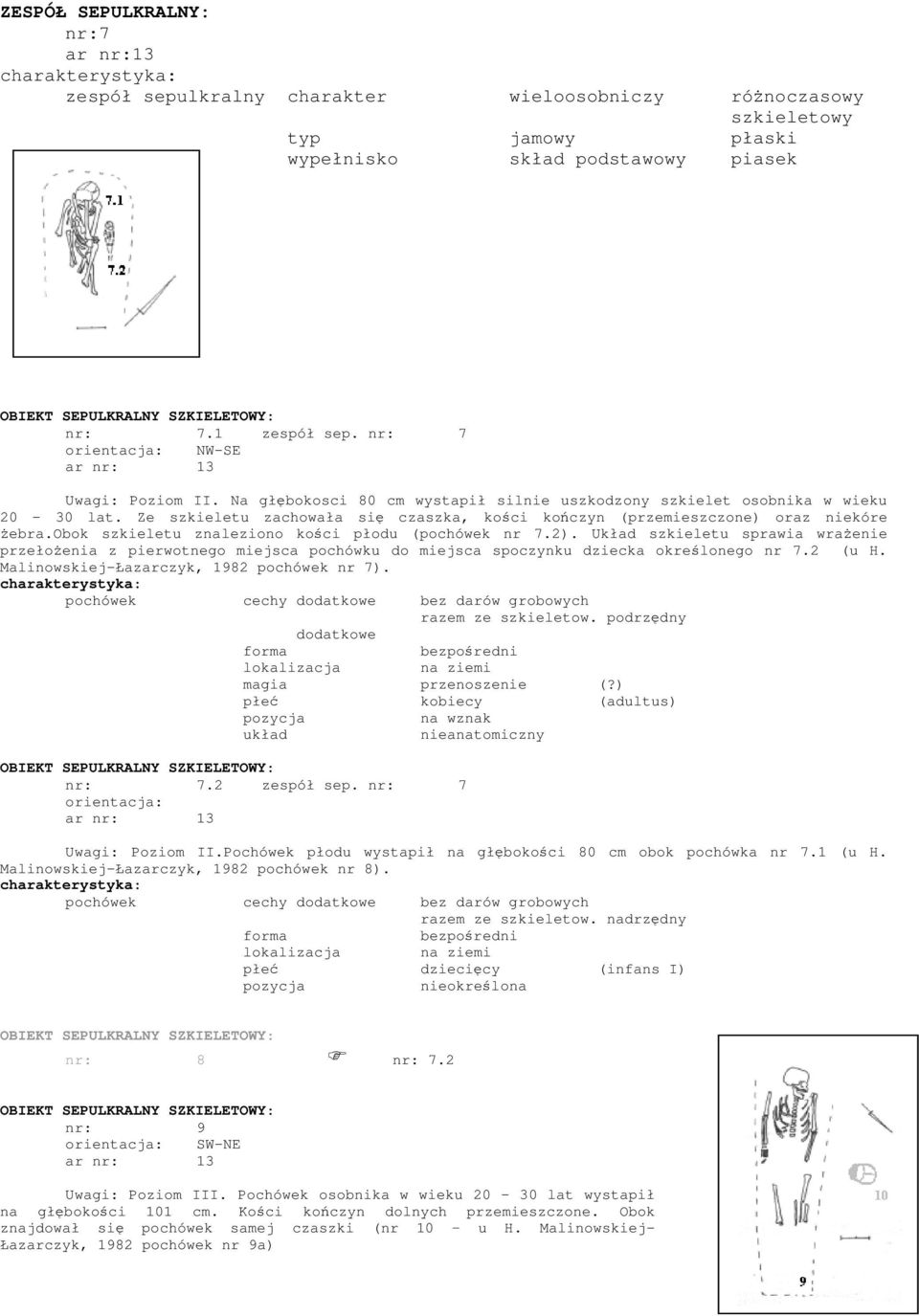 Ze szkieletu zachowała się czaszka, kości kończyn (przemieszczone) oraz niekóre żebra.obok szkieletu znaleziono kości płodu (pochówek nr 7.2).