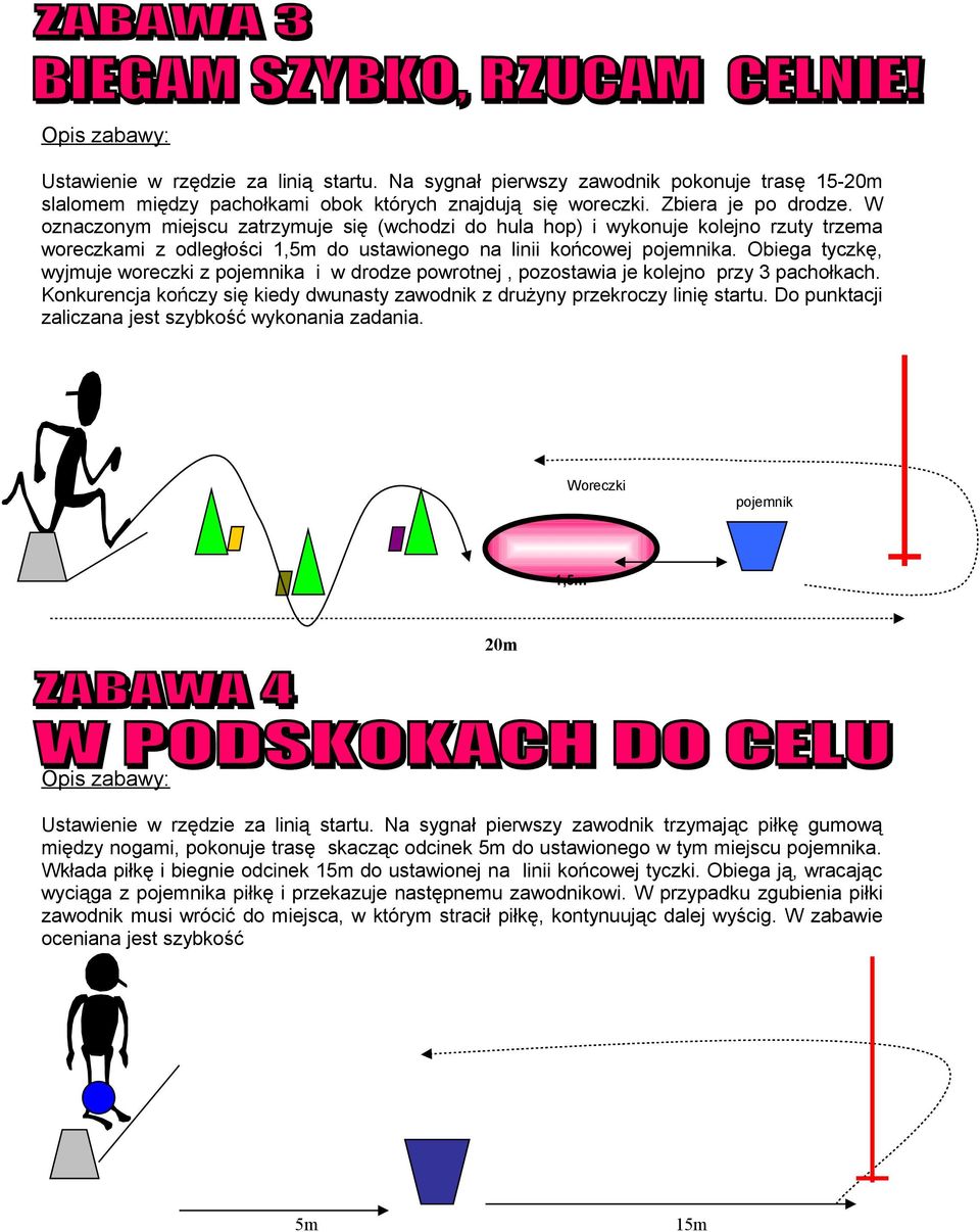 Obiega tyczkę, wyjmuje woreczki z pojemnika i w drodze powrotnej, pozostawia je kolejno przy 3 pachołkach. Konkurencja kończy się kiedy dwunasty zawodnik z drużyny przekroczy linię startu.