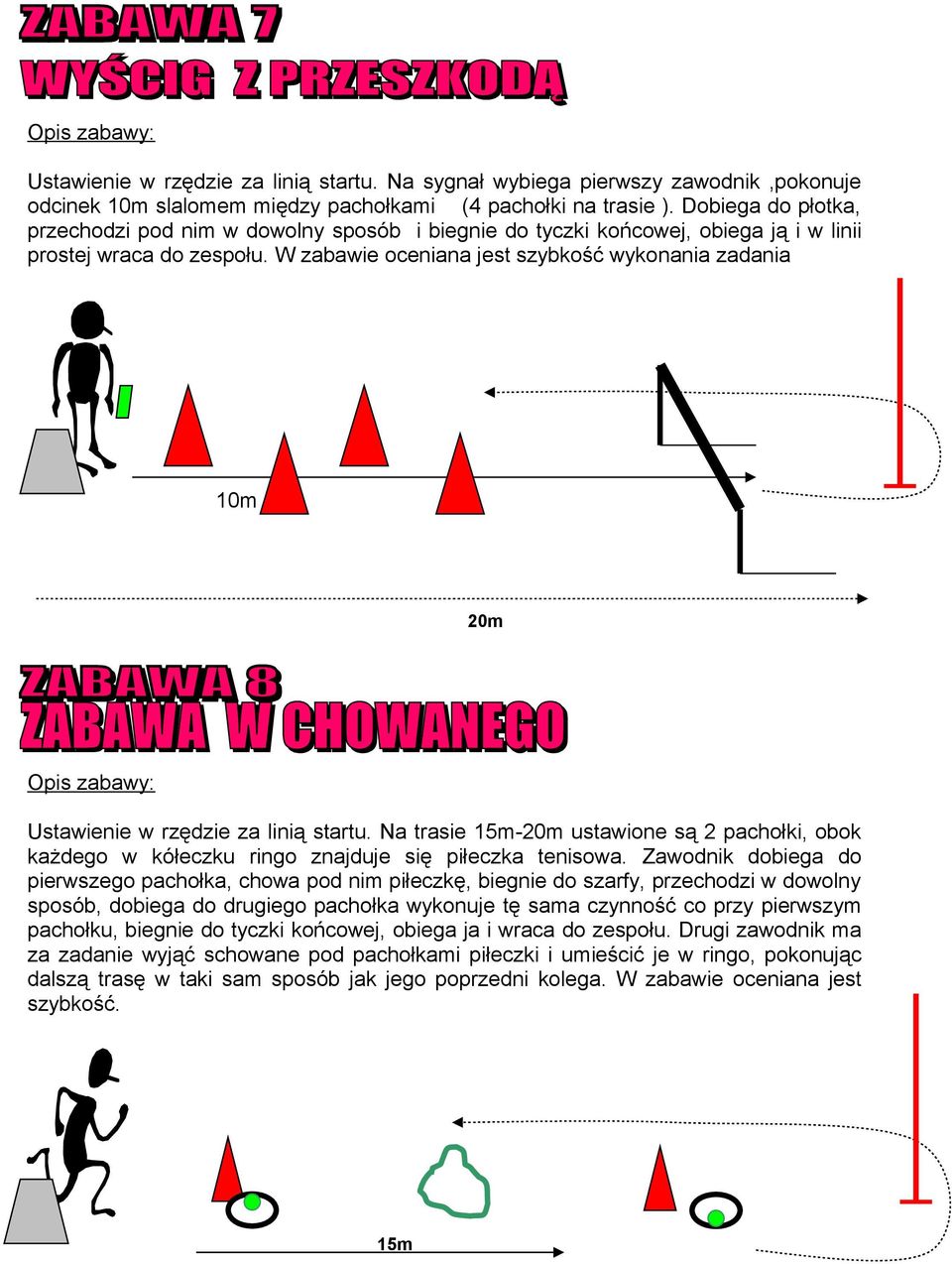 W zabawie oceniana jest szybkość wykonania zadania 10m 20m Ustawienie w rzędzie za linią startu.