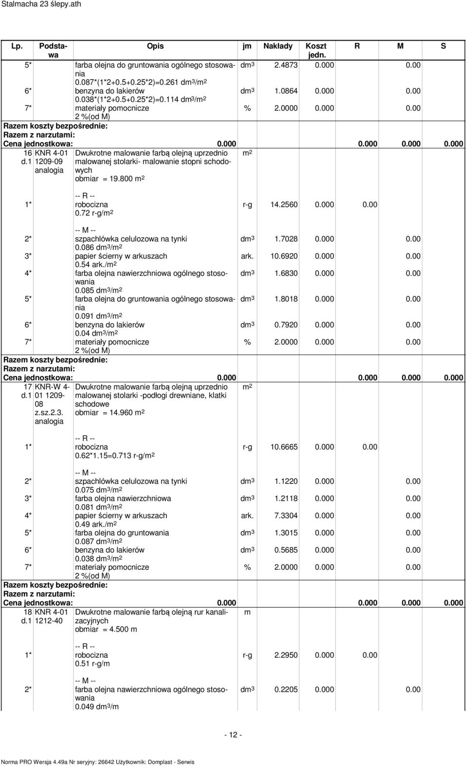 114 d 3 / 7* ateriały poocnicze 16 1209-09 Dwukrotne alowanie farbą olejną uprzednio alowanej stolarki- alowanie stopni schodowych obiar = 19.800 0.72 r-g/ r-g 14.2560 0.000 0.00 d 3 1.7028 0.000 0.00 ark.