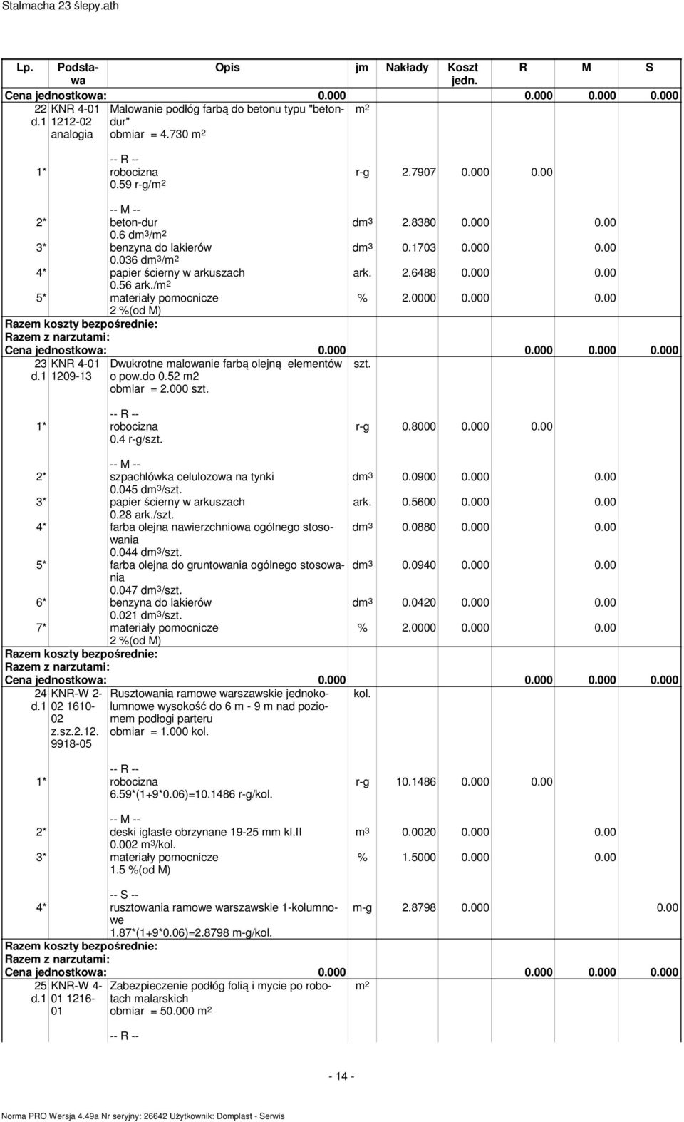 r-g 0.8000 0.000 0.00 2* szpachlówka celulozowa na tynki d 3 0.0900 0.000 0.00 0.045 d 3 /szt. 3* papier ścierny w arkuszach ark. 0.5600 0.000 0.00 0.28 ark./szt. 4* farba olejna nawierzchniowa ogólnego stosowania d 3 0.