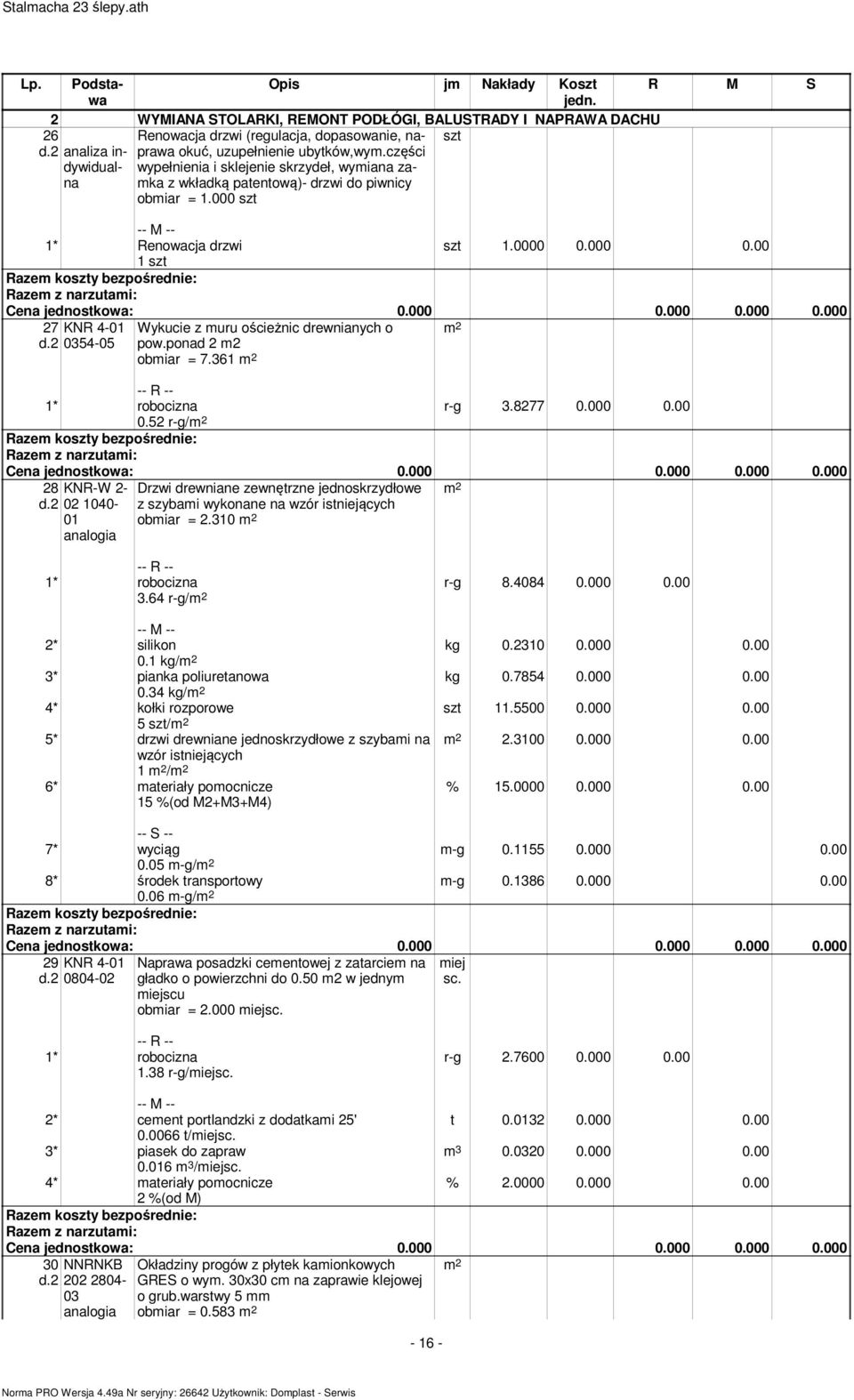 000 0.00 27 0354-05 Wykucie z uru ościeżnic drewnianych o pow.ponad 2 2 obiar = 7.361 r-g 3.8277 0.000 0.00 0.52 r-g/ 28 KNR-W 2-02 1040-01 Drzwi drewniane zewnętrzne jednoskrzydłowe z szybai wykonane na wzór istniejących obiar = 2.