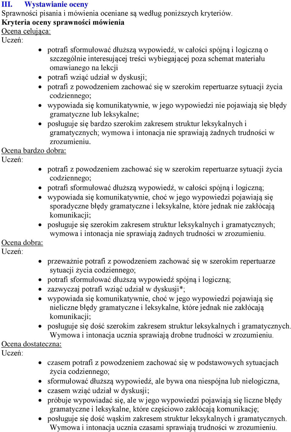 na lekcji potrafi wziąć udział w dyskusji; potrafi z powodzeniem zachować się w szerokim repertuarze sytuacji życia codziennego; wypowiada się komunikatywnie, w jego wypowiedzi nie pojawiają się