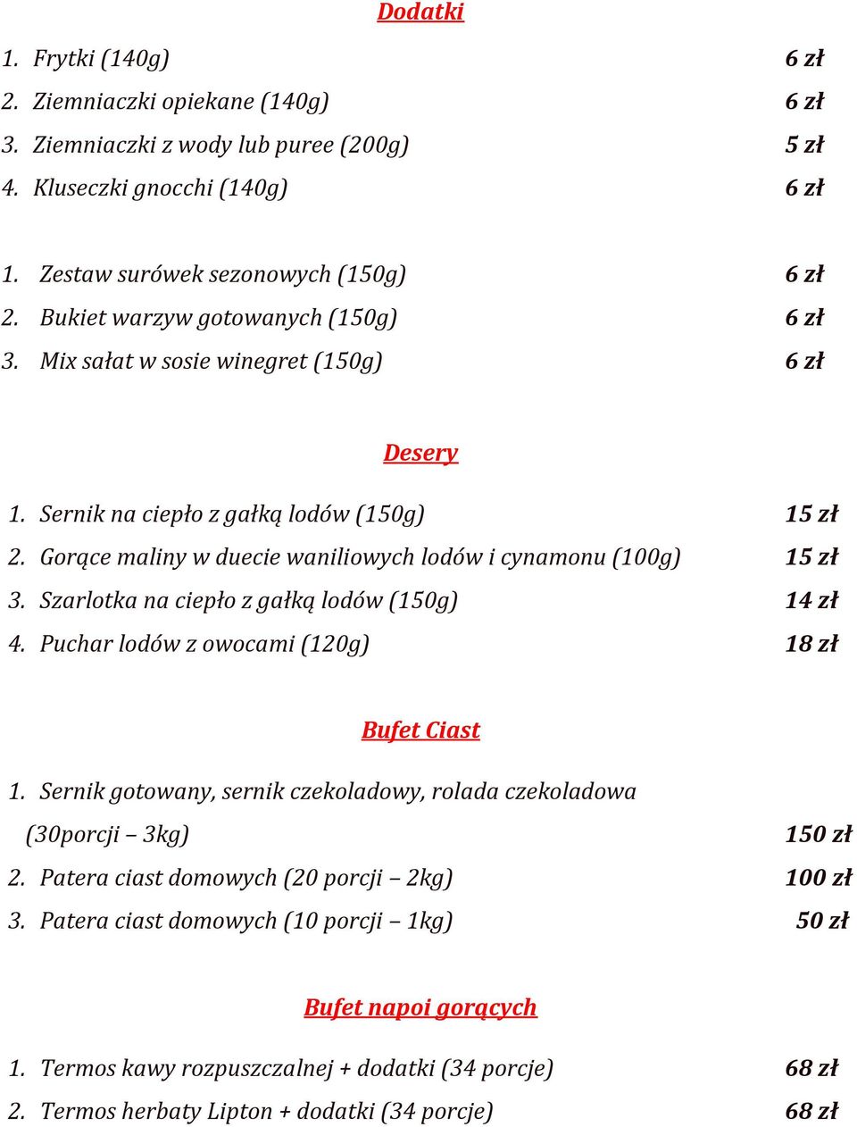 Gorące maliny w duecie waniliowych lodów i cynamonu (100g) 15 zł 3. Szarlotka na ciepło z gałką lodów (150g) 14 zł 4. Puchar lodów z owocami (120g) 18 zł Bufet Ciast 1.