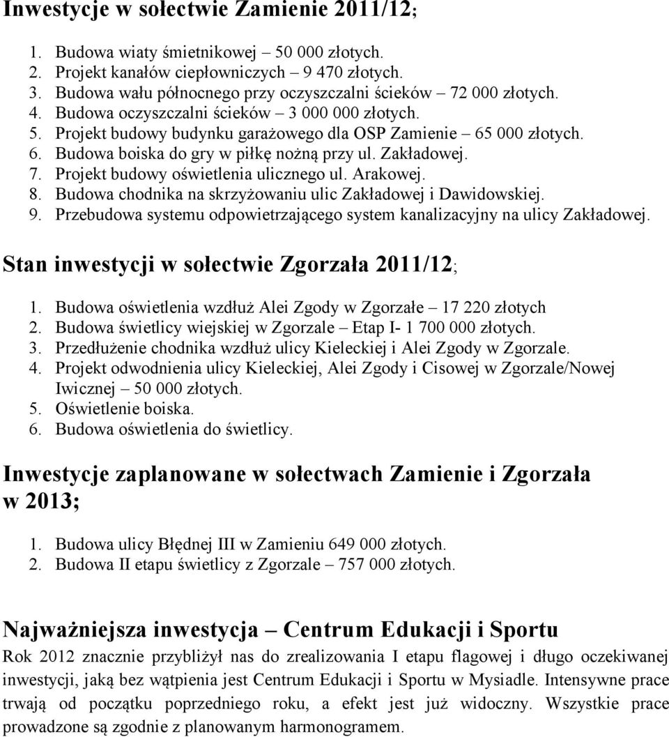 000 złotych. 6. Budowa boiska do gry w piłkę nożną przy ul. Zakładowej. 7. Projekt budowy oświetlenia ulicznego ul. Arakowej. 8. Budowa chodnika na skrzyżowaniu ulic Zakładowej i Dawidowskiej. 9.