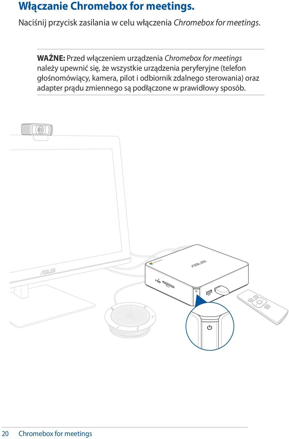 WAŻNE: Przed włączeniem urządzenia Chromebox for meetings należy upewnić się, że wszystkie