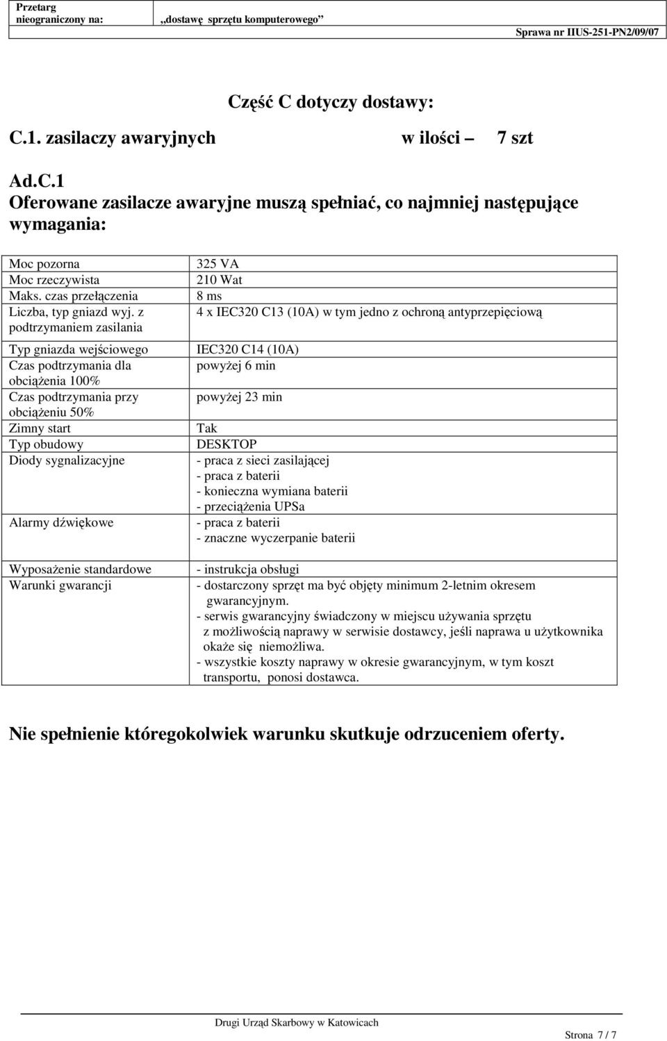 z podtrzymaniem zasilania Typ gniazda wejściowego Czas podtrzymania dla obciążenia 100% Czas podtrzymania przy obciążeniu 50% Zimny start Typ obudowy Diody sygnalizacyjne Alarmy dźwiękowe Wyposażenie