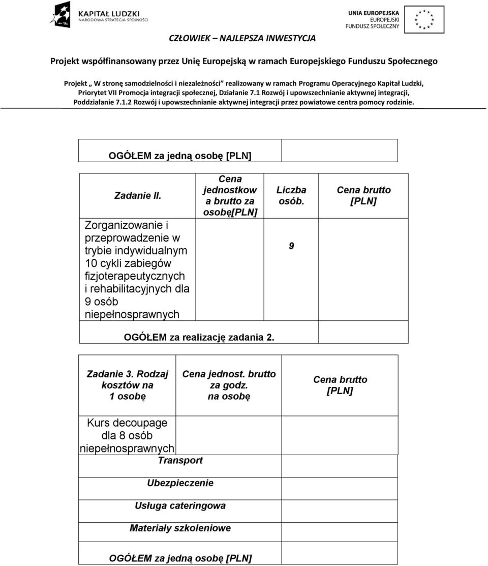 rehabilitacyjnych dla 9 osób Cena jednostkow a brutto za osobę Liczba osób.