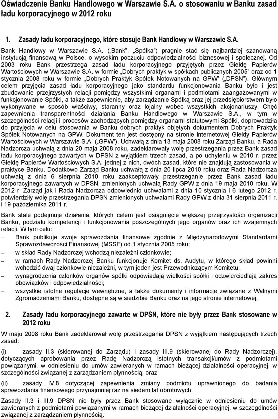 w formie Dobrych praktyk w spółkach publicznych 2005 oraz od 1 stycznia 2008 roku w formie Dobrych Praktyk Spółek Notowanych na GPW ( DPSN ).