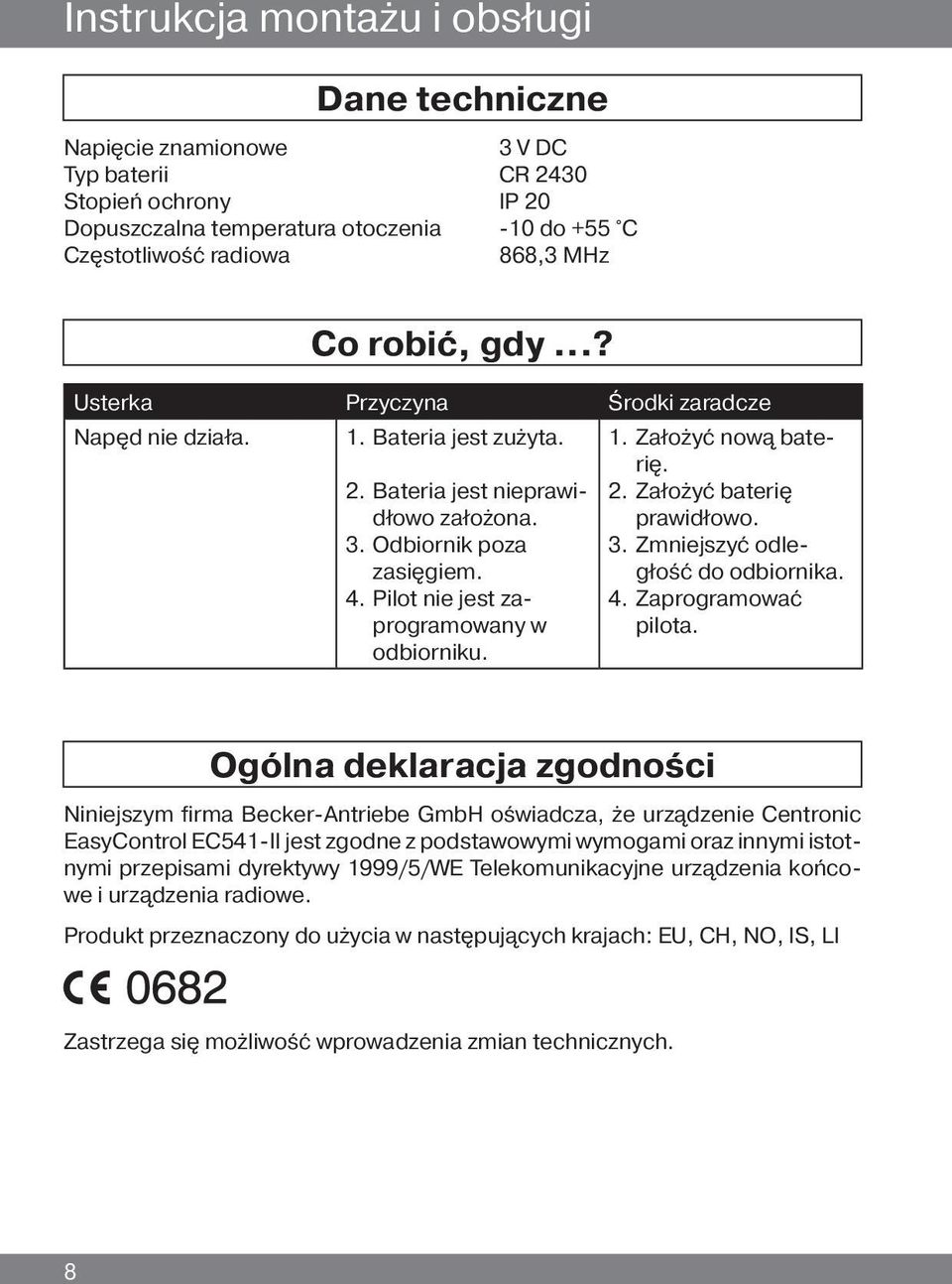 Pilot nie jest zaprogramowany w odbiorniku. 1. Założyć nową baterię. 2. Założyć baterię prawidłowo. 3. Zmniejszyć odległość do odbiornika. 4. Zaprogramować pilota.