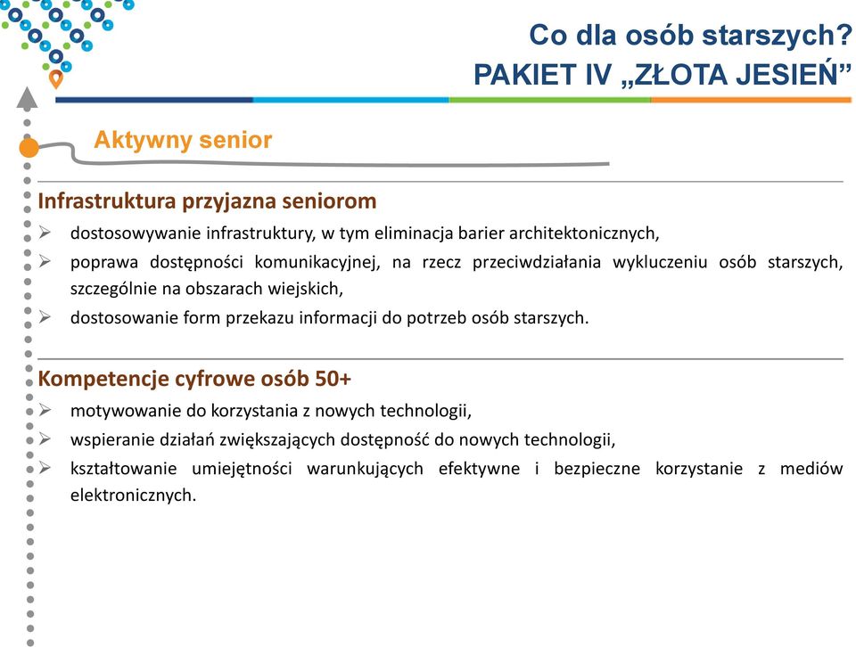 poprawa dostępności komunikacyjnej, na rzecz przeciwdziałania wykluczeniu osób starszych, szczególnie na obszarach wiejskich, dostosowanie form