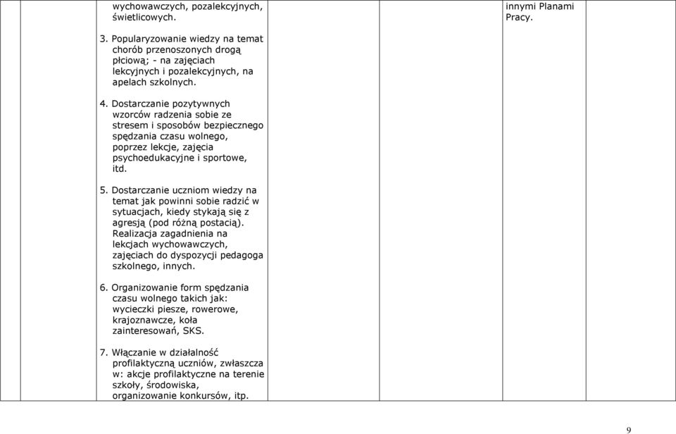 Dostarczanie pozytywnych wzorców radzenia sobie ze stresem i sposobów bezpiecznego spędzania czasu wolnego, poprzez lekcje, zajęcia psychoedukacyjne i sportowe, itd. 5.