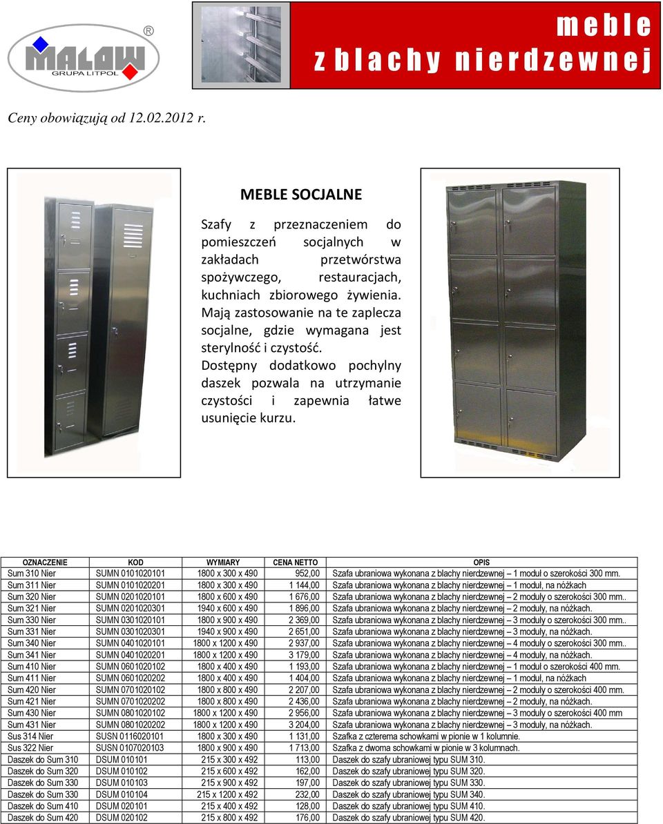 Sum 310 Nier SUMN 0101020101 1800 x 300 x 490 952,00 Szafa ubraniowa wykonana z blachy nierdzewnej 1 moduł o szerokości 300 mm.