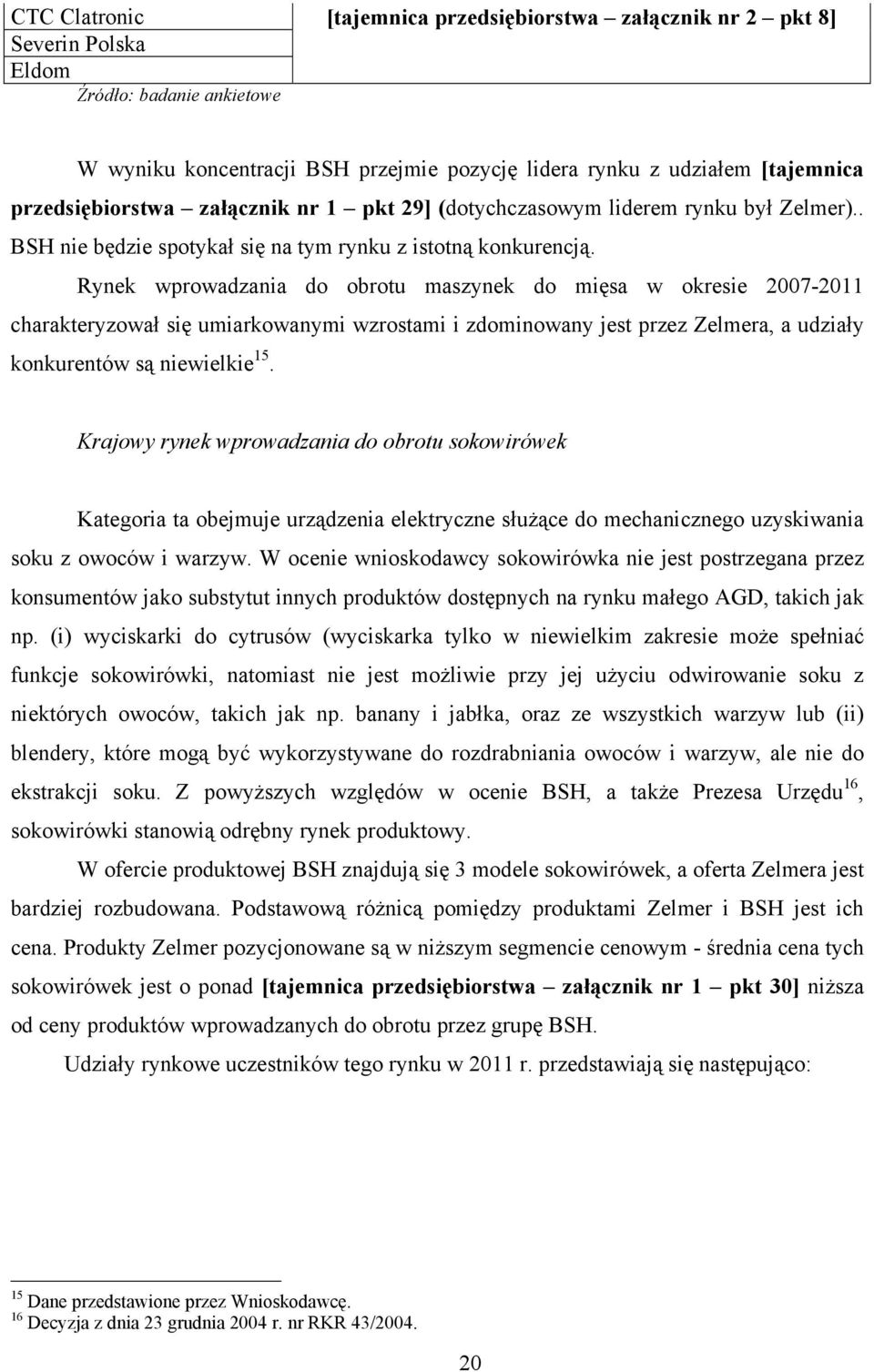 Rynek wprowadzania do obrotu maszynek do mięsa w okresie 2007-2011 charakteryzował się umiarkowanymi wzrostami i zdominowany jest przez Zelmera, a udziały konkurentów są niewielkie 15.