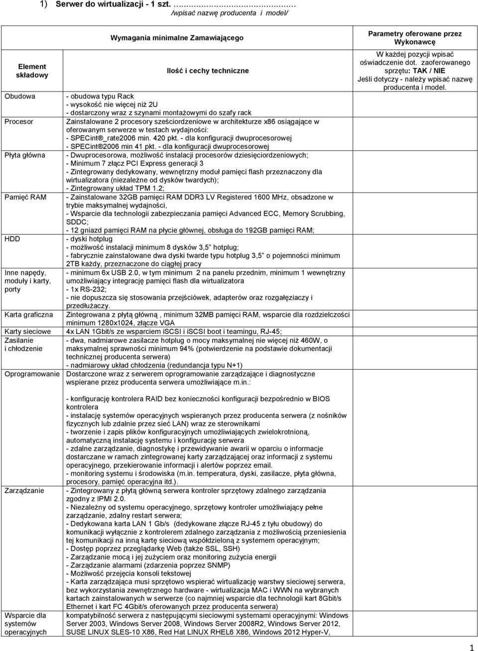 montażowymi do szafy rack Zainstalowane 2 procesory sześciordzeniowe w architekturze x86 osiągające w oferowanym serwerze w testach wydajności: - SPECint _rate2006 min. 420 pkt.