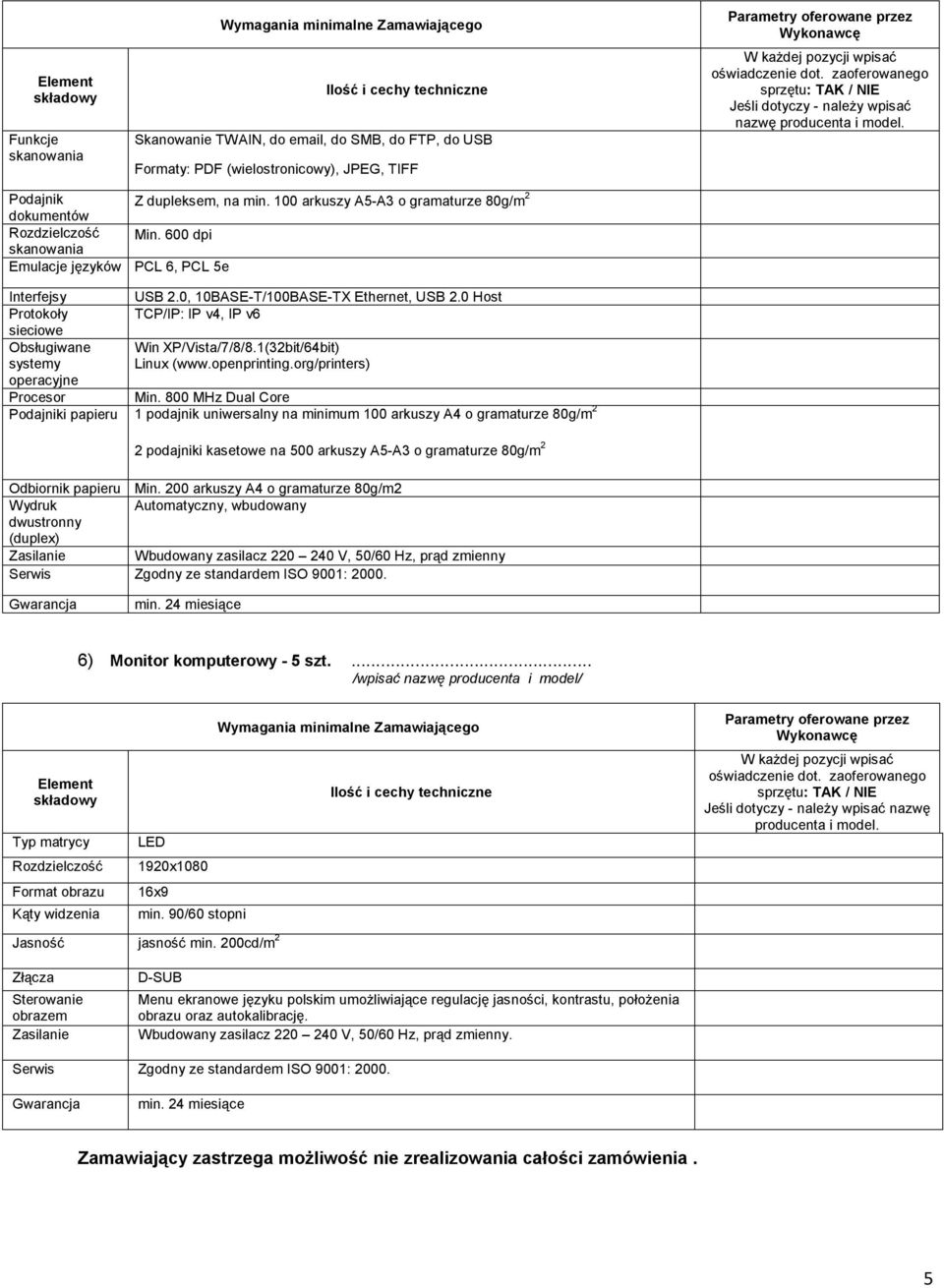 800 MHz Dual Core Podajniki papieru 1 podajnik uniwersalny na minimum 100 arkuszy A4 o gramaturze 80g/m 2 2 podajniki kasetowe na 500 arkuszy A5-A3 o gramaturze 80g/m 2 Odbiornik papieru Min.