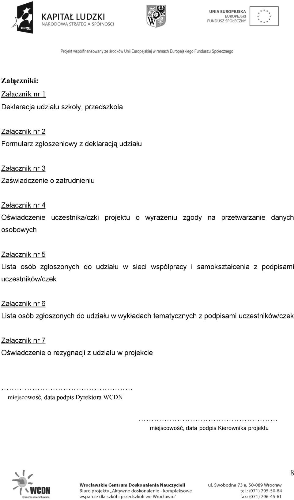 udziału w sieci współpracy i samokształcenia z podpisami uczestników/czek Załącznik nr 6 Lista osób zgłoszonych do udziału w wykładach tematycznych z podpisami