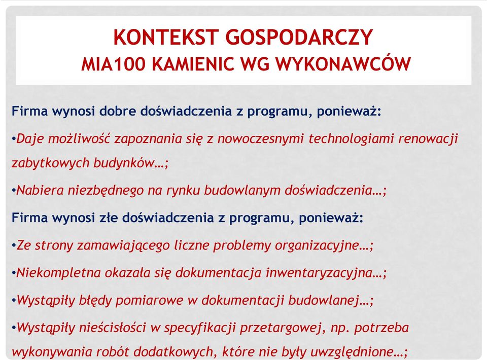 programu, poniewaŝ: Ze strony zamawiającego liczne problemy organizacyjne ; Niekompletna okazała się dokumentacja inwentaryzacyjna ; Wystąpiły błędy