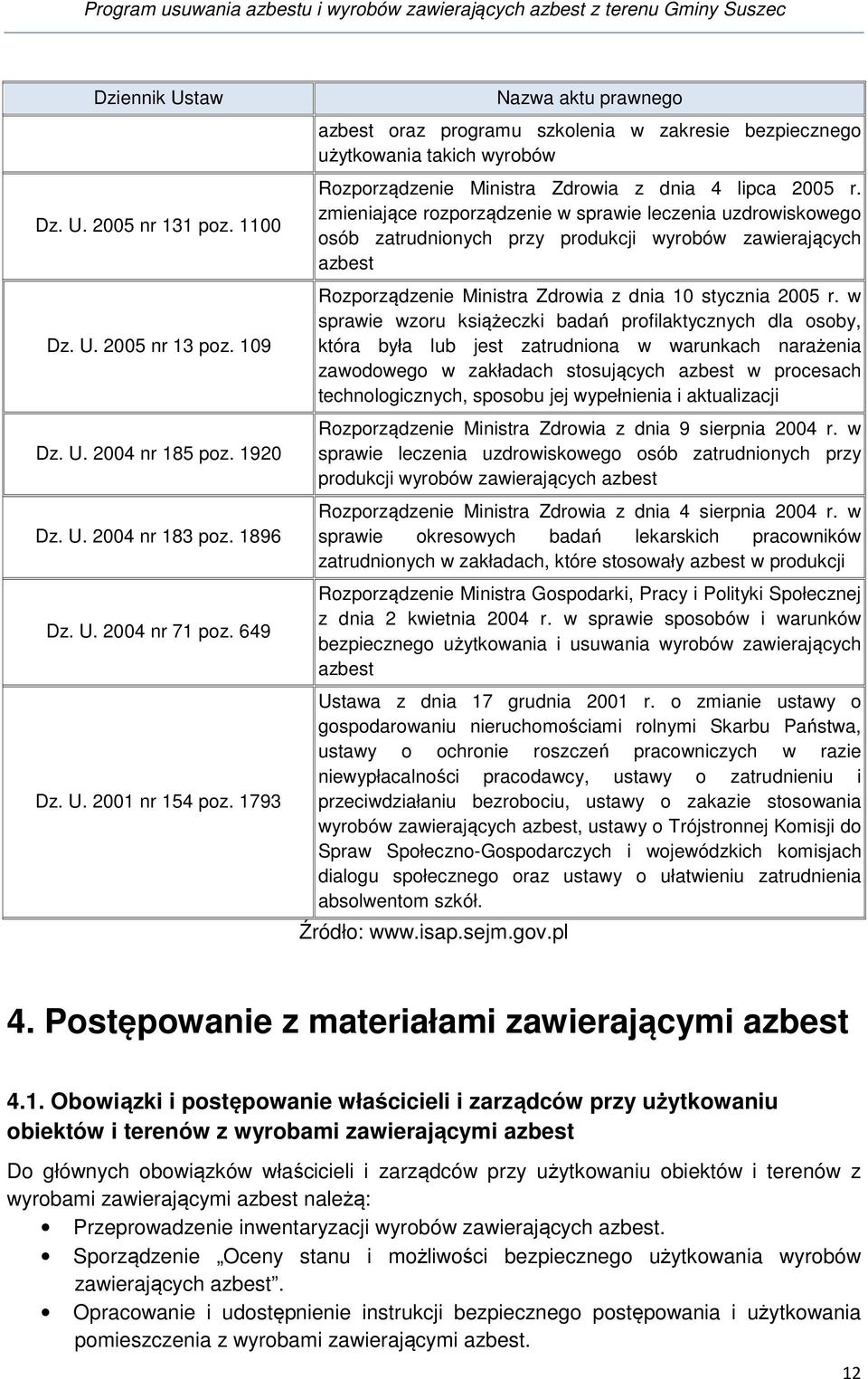 zmieniające rozporządzenie w sprawie leczenia uzdrowiskowego osób zatrudnionych przy produkcji wyrobów zawierających azbest Rozporządzenie Ministra Zdrowia z dnia 10 stycznia 2005 r.