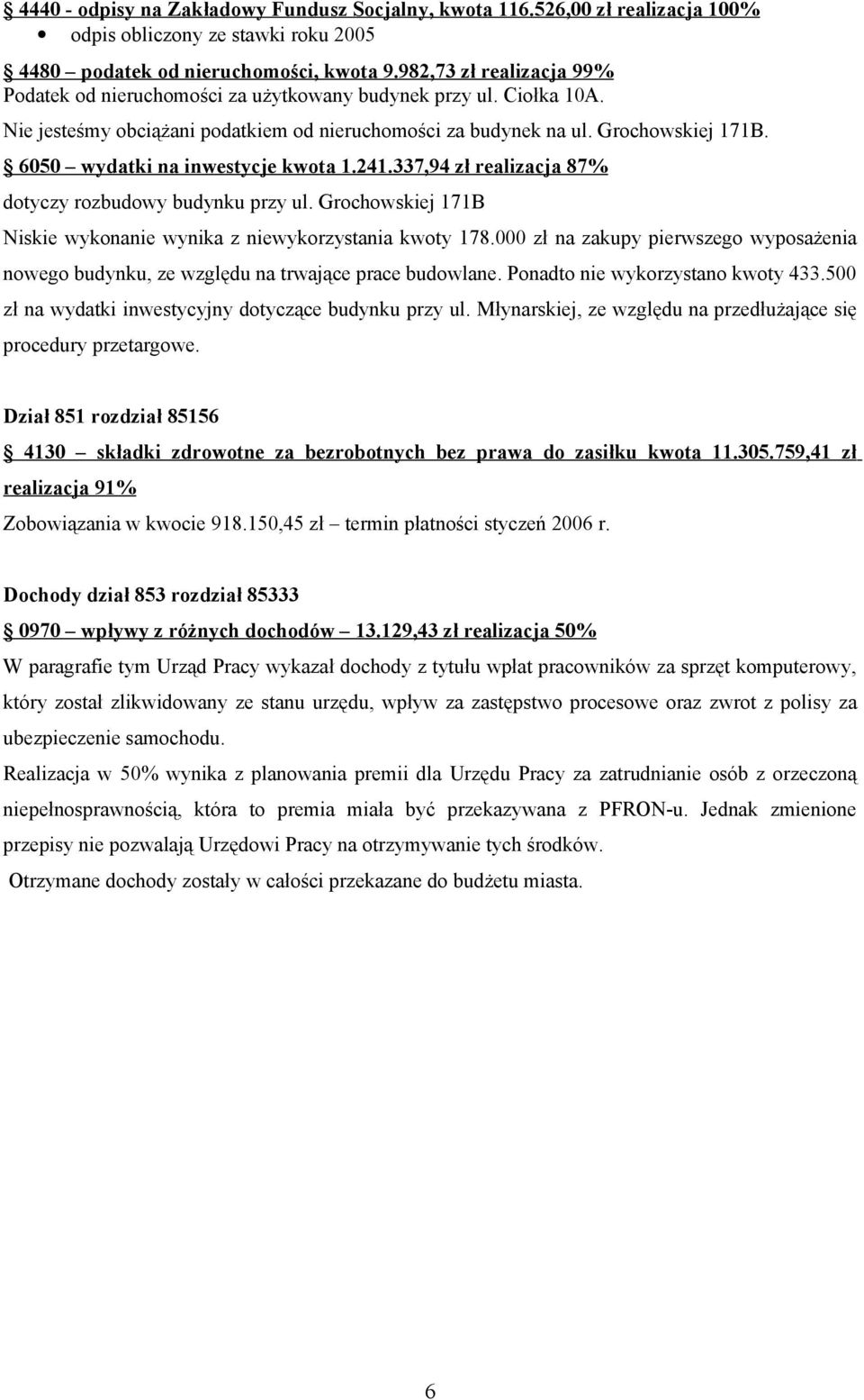 6050 wydatki na inwestycje kwota 1.241.337,94 zł realizacja 87% dotyczy rozbudowy budynku przy ul. Grochowskiej 171B Niskie wykonanie wynika z niewykorzystania kwoty 178.