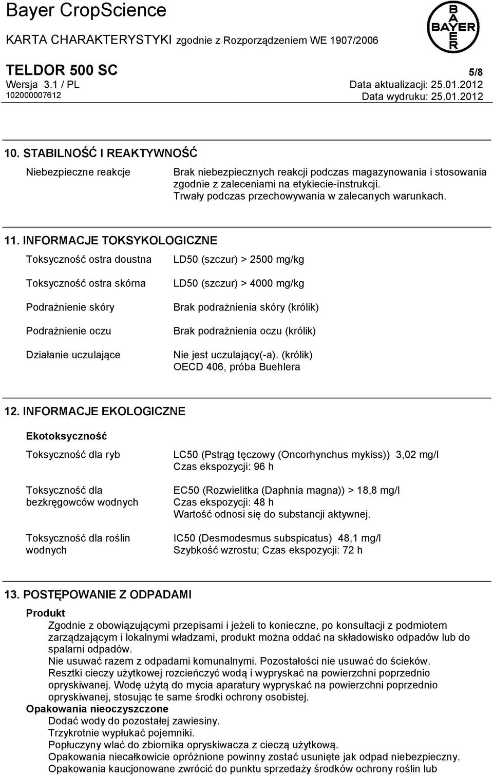 INFORMACJE TOKSYKOLOGICZNE Toksyczność ostra doustna LD50 (szczur) > 2500 mg/kg Toksyczność ostra skórna Podrażnienie skóry Podrażnienie oczu Działanie uczulające LD50 (szczur) > 4000 mg/kg Brak