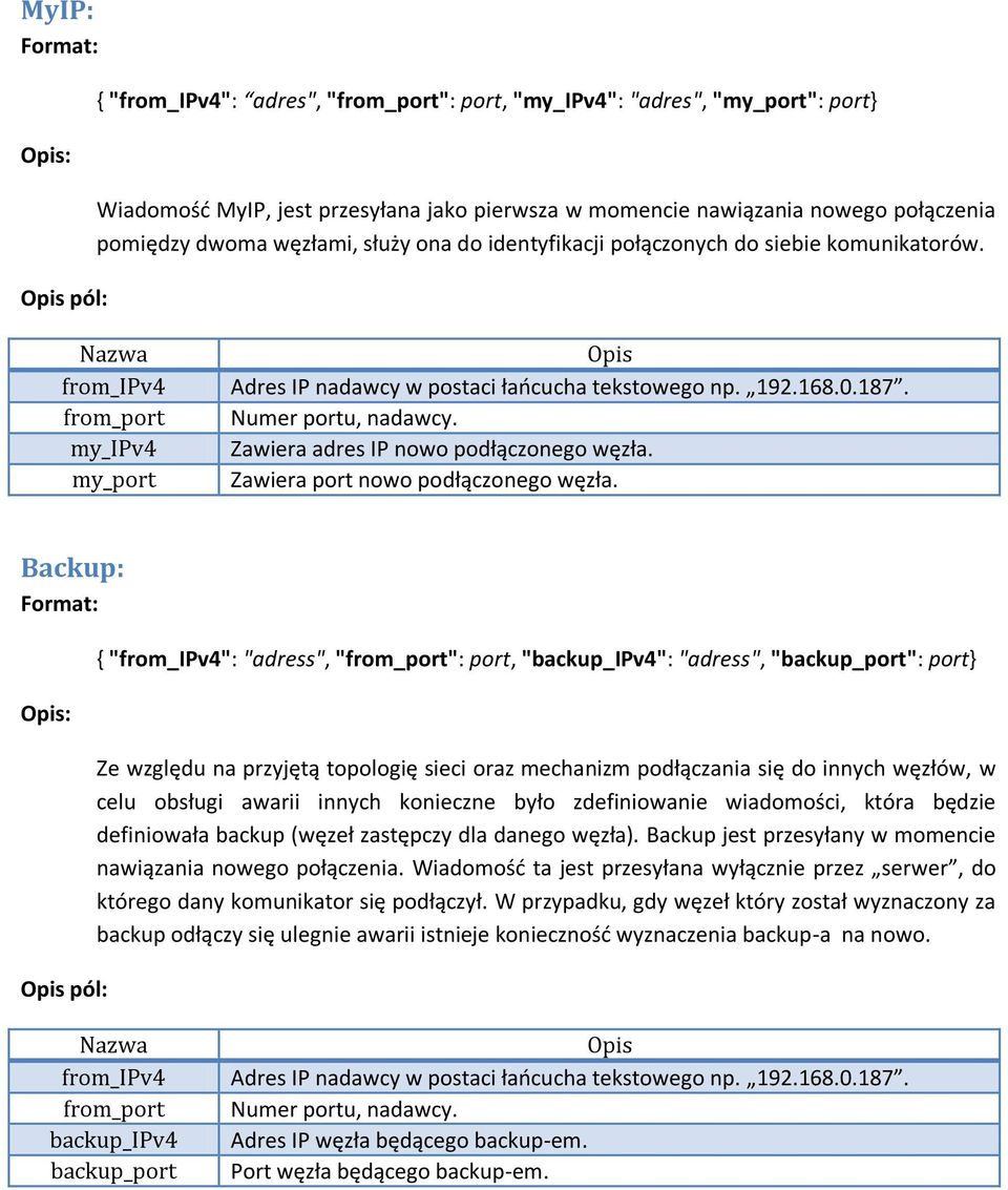 Backup: : pól: { "from_ipv4": "adress", "from_port": port, "backup_ipv4": "adress", "backup_port": port} Ze względu na przyjętą topologię sieci oraz mechanizm podłączania się do innych węzłów, w celu