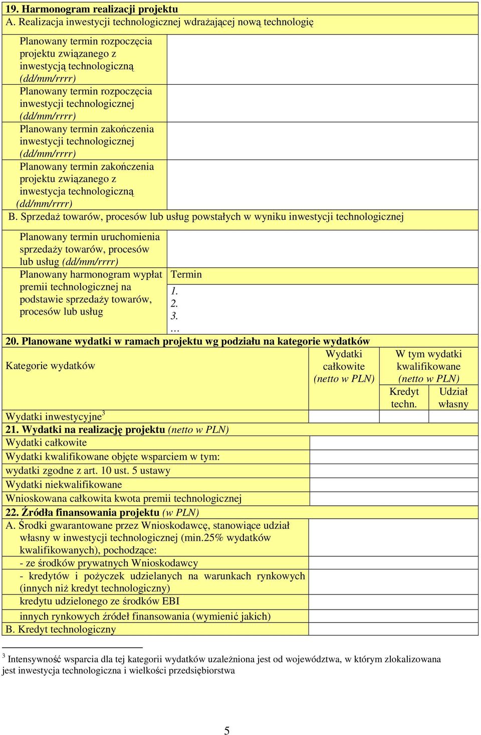 technologicznej (dd/mm/rrrr) Planowany termin zakończenia inwestycji technologicznej (dd/mm/rrrr) Planowany termin zakończenia projektu związanego z inwestycja technologiczną (dd/mm/rrrr) B.