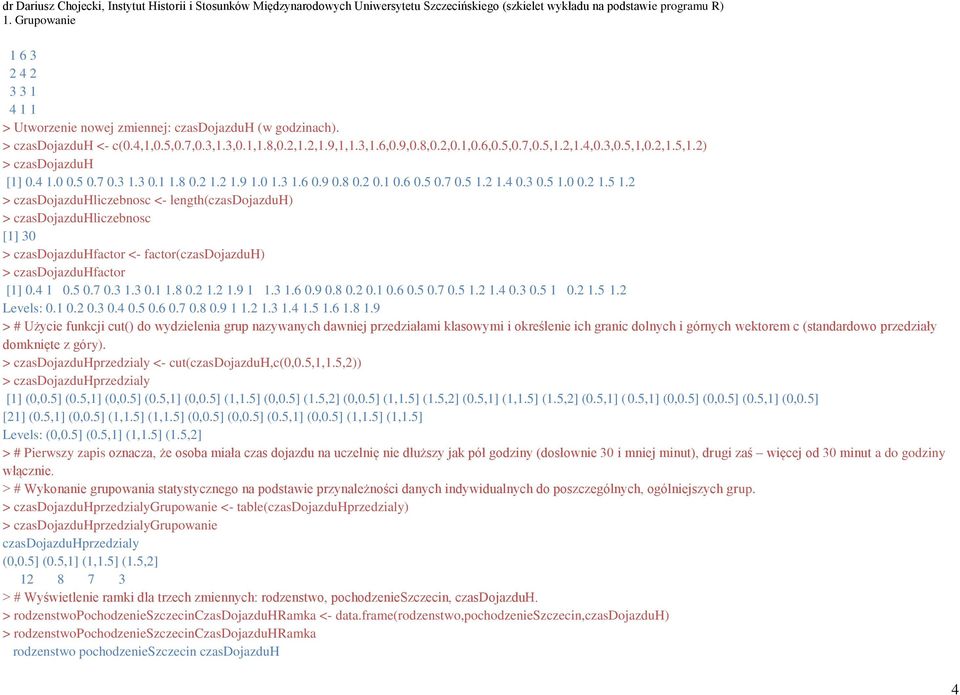 2 1.4 0.3 0.5 1.0 0.2 1.5 1.2 > czasdojazduhliczebnosc <- length(czasdojazduh) > czasdojazduhliczebnosc > czasdojazduhfactor <- factor(czasdojazduh) > czasdojazduhfactor [1] 0.4 1 0.5 0.7 0.3 1.3 0.1 1.