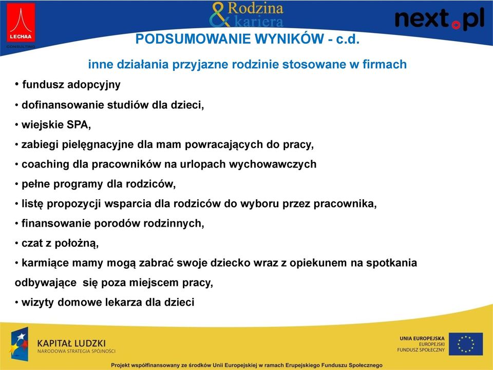 pielęgnacyjne dla mam powracających do pracy, coaching dla pracowników na urlopach wychowawczych pełne programy dla rodziców, listę