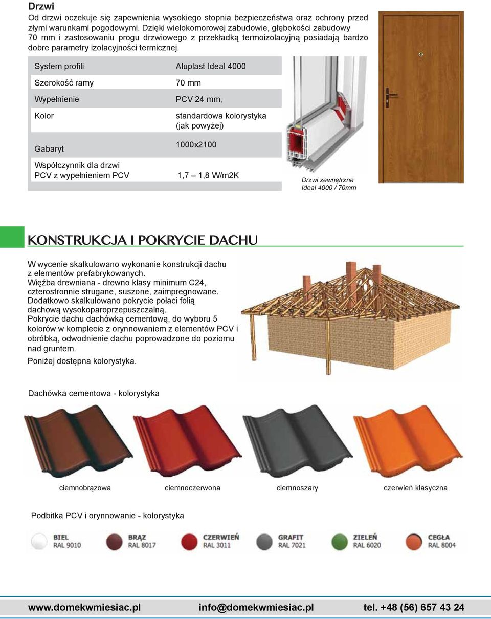 System profili Szerokość ramy Wypełnienie Kolor Gabaryt Współczynnik dla drzwi PCV z wypełnieniem PCV Aluplast Ideal 4000 70 mm PCV 24 mm, standardowa kolorystyka (jak powyżej) 1000x2100 1,7 1,8