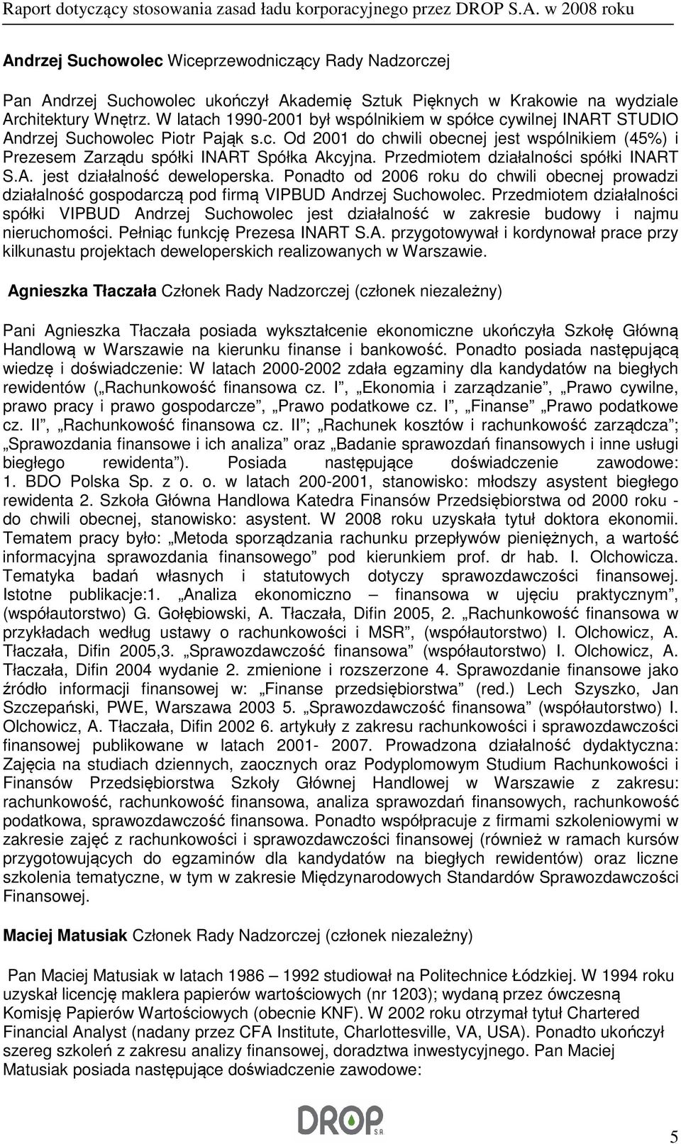 Przedmiotem działalności spółki INART S.A. jest działalność deweloperska. Ponadto od 2006 roku do chwili obecnej prowadzi działalność gospodarczą pod firmą VIPBUD Andrzej Suchowolec.