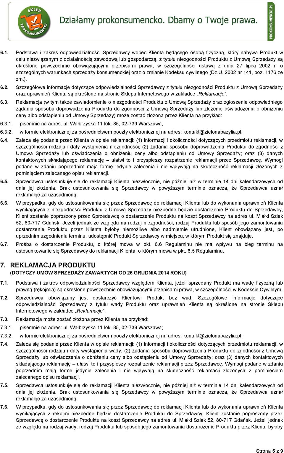 o szczególnych warunkach sprzedaży konsumenckiej oraz o zmianie Kodeksu cywilnego (Dz.U. 20
