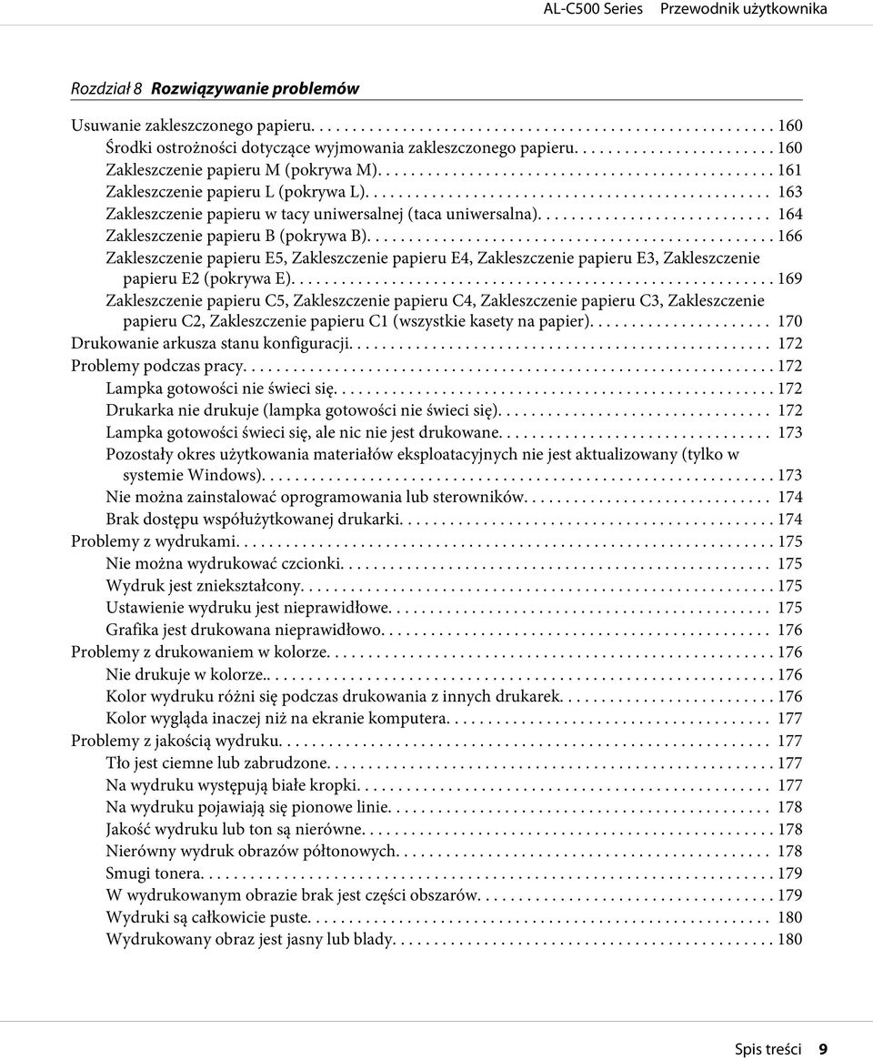 .. 166 Zakleszczenie papieru E5, Zakleszczenie papieru E4, Zakleszczenie papieru E3, Zakleszczenie papieru E2 (pokrywa E).