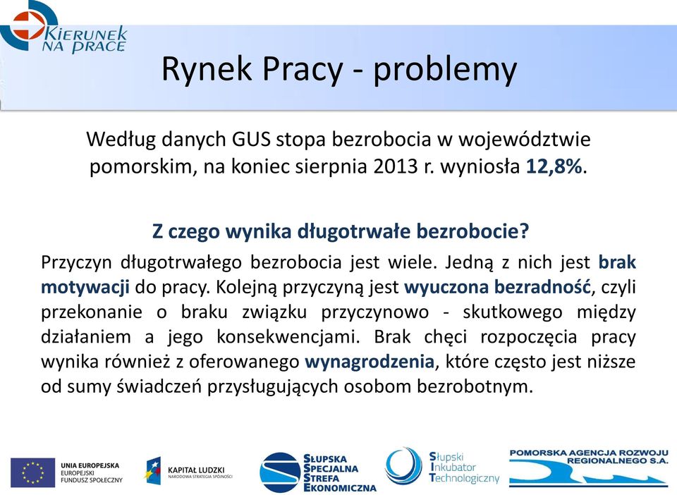 Kolejną przyczyną jest wyuczona bezradność, czyli przekonanie o braku związku przyczynowo - skutkowego między działaniem a jego