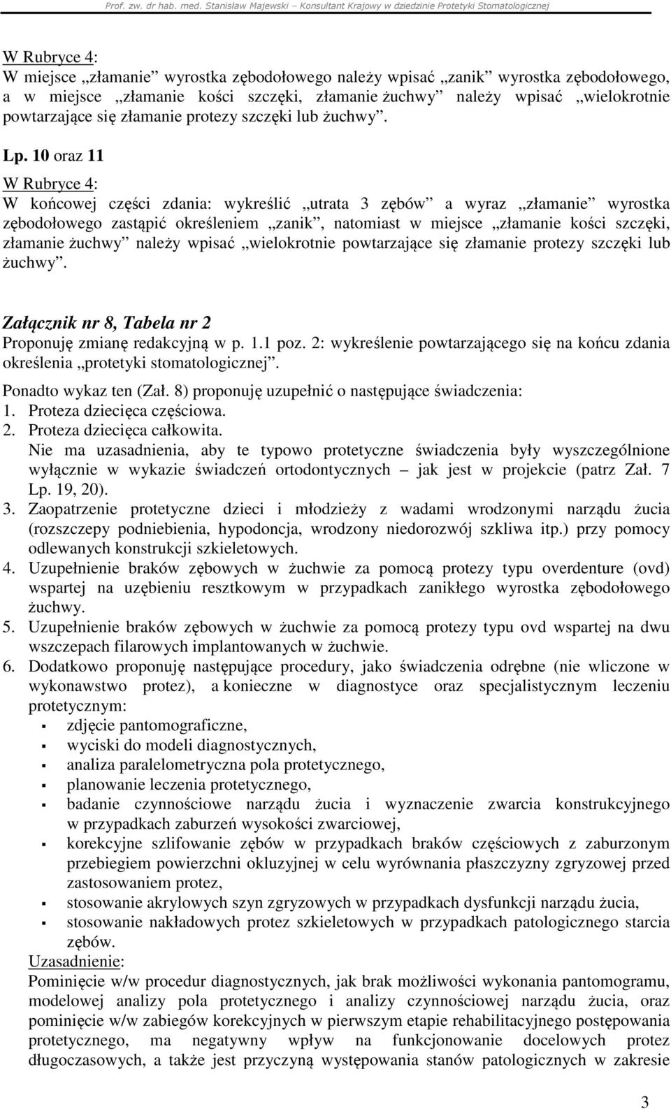 10 oraz 11 W końcowej części zdania: wykreślić utrata 3 zębów a wyraz złamanie wyrostka zębodołowego zastąpić określeniem zanik, natomiast w miejsce złamanie kości szczęki, złamanie żuchwy należy