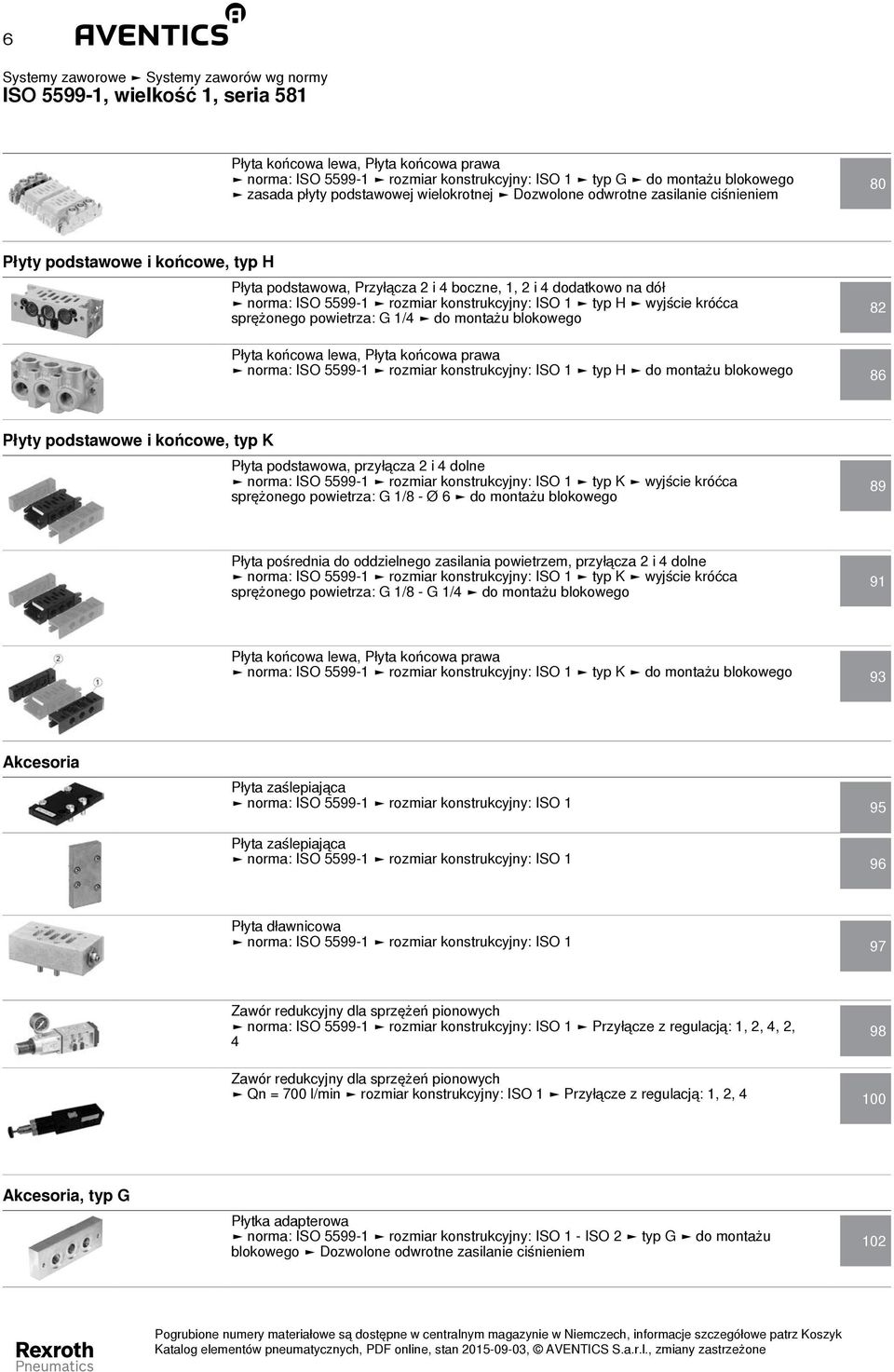 króćca sprężonego powietrza: G 1/4 do montażu blokowego 82 Płyta końcowa lewa, Płyta końcowa prawa norma: ISO 5599-1 rozmiar konstrukcyjny: ISO 1 typ H do montażu blokowego 86 Płyty podstawowe i