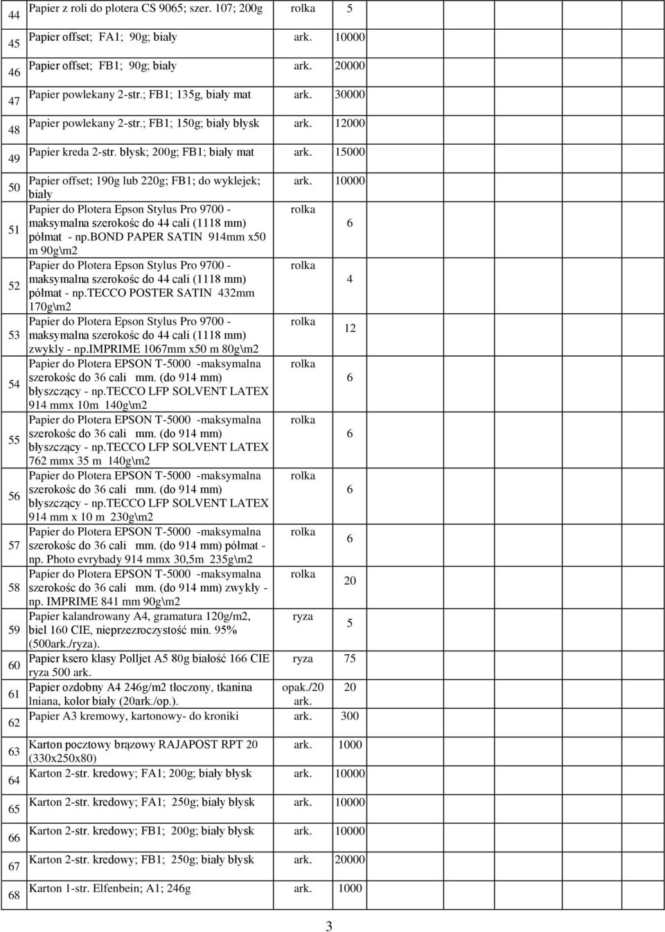 błysk; 200g; FB1; biały mat 1000 Papier offset; 190g lub 220g; FB1; do wyklejek; 10000 biały półmat - np.bond PAPER SATIN 91mm x0 m 90g\m2 półmat - np.tecco POSTER SATIN 32mm 170g\m2 12 zwykly - np.