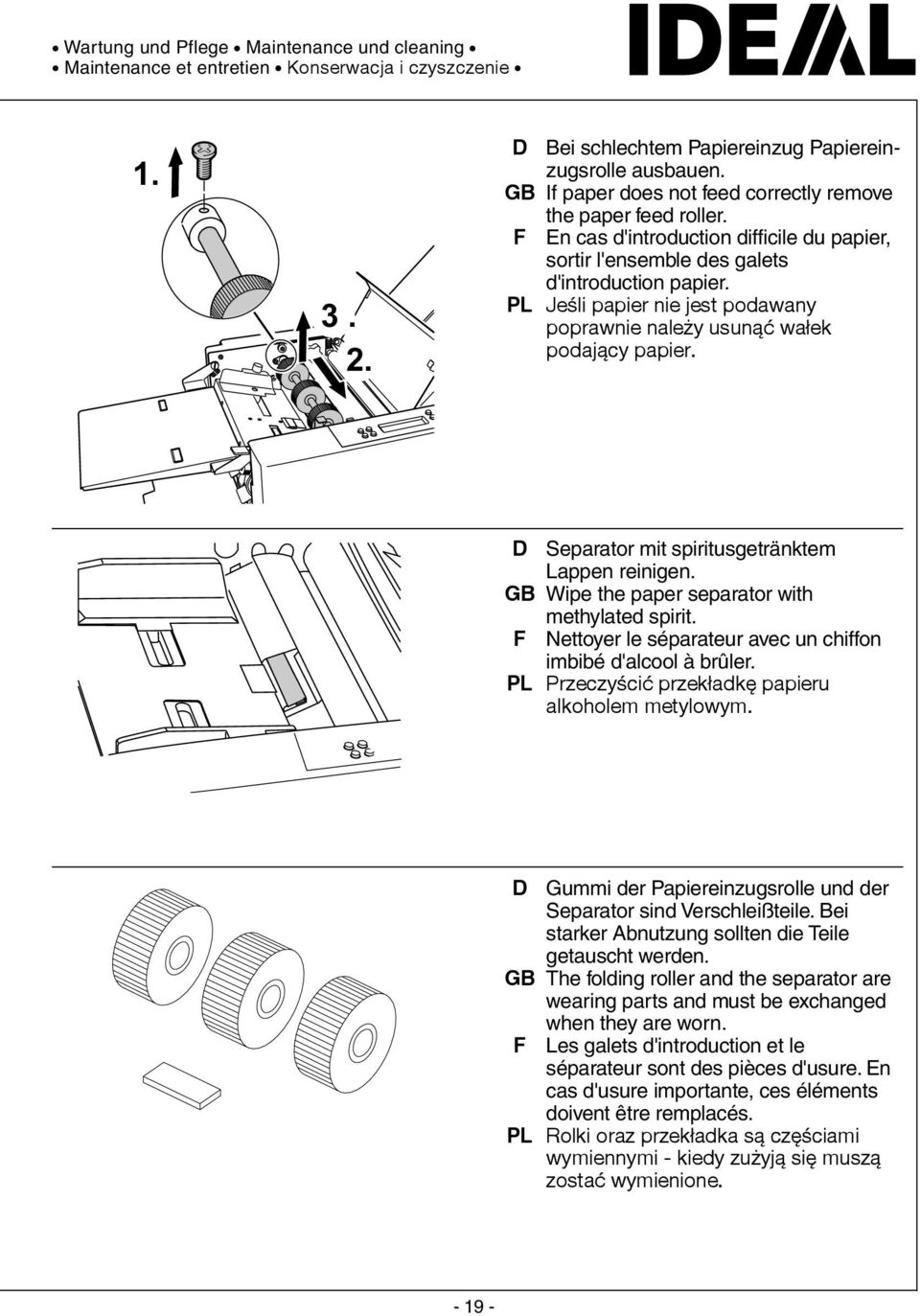 PL Jeśli papier nie jest podawany poprawnie należy usunąć wałek podający papier. 08-04 D Separator mit spiritusgetränktem Lappen reinigen. GB Wipe the paper separator with methylated spirit.