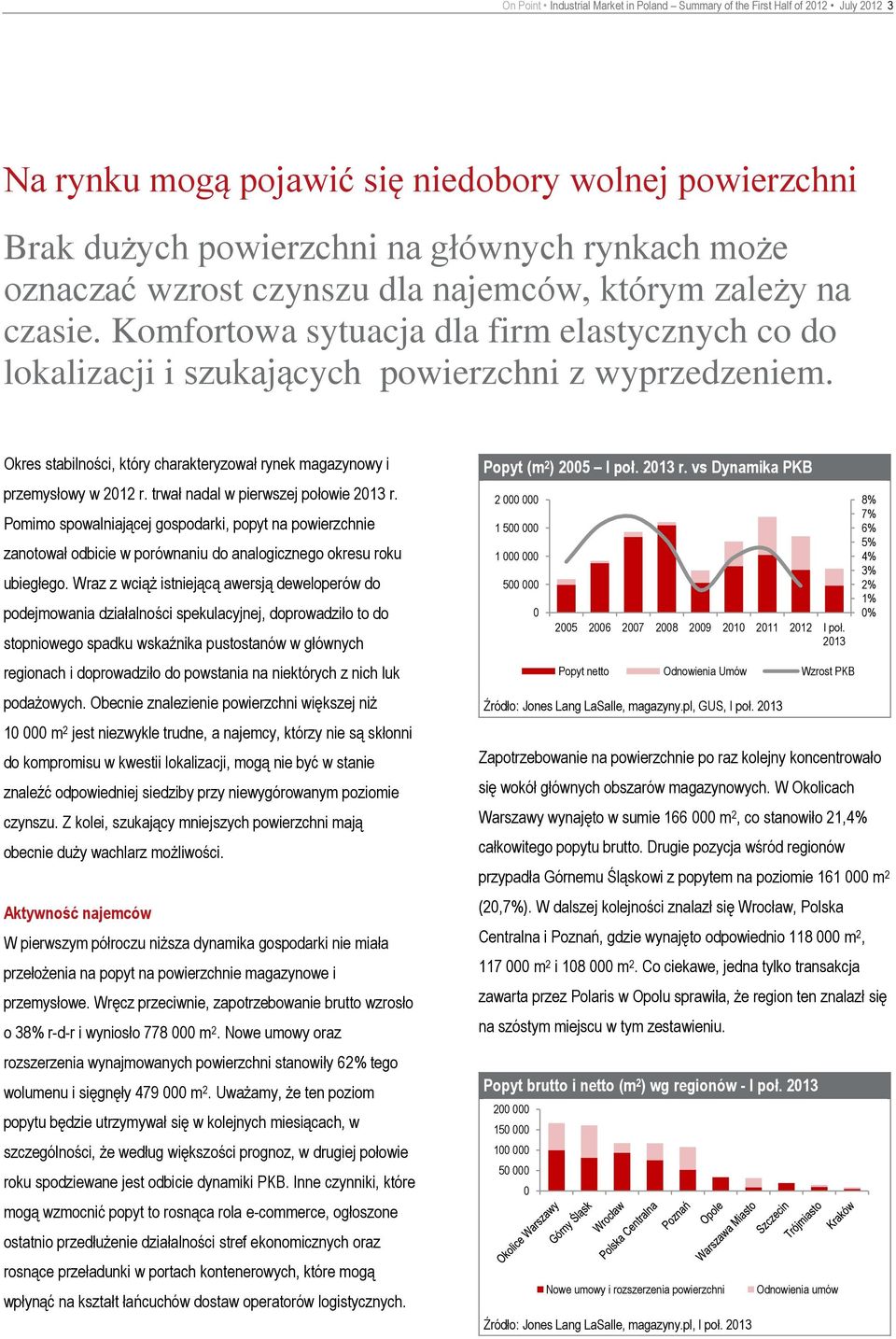 Okres stabilności, który charakteryzował rynek magazynowy i przemysłowy w 212 r. trwał nadal w pierwszej połowie 213 r.