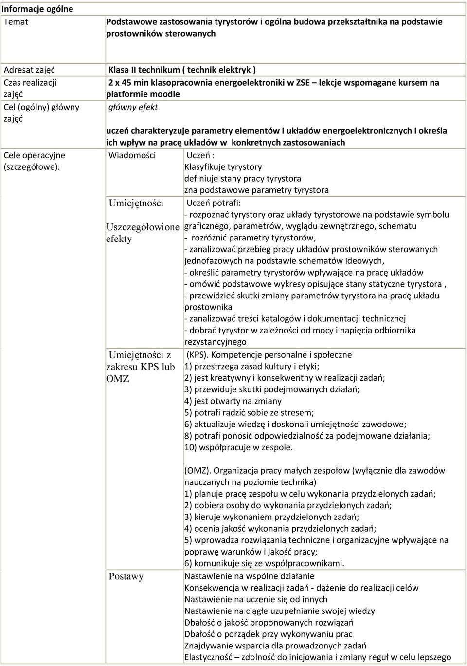 energoelektronicznych i określa ich wpływ na pracę układów w konkretnych zastosowaniach Cele operacyjne (szczegółowe): Wiadomości Uczeo : Klasyfikuje tyrystory definiuje stany pracy tyrystora zna