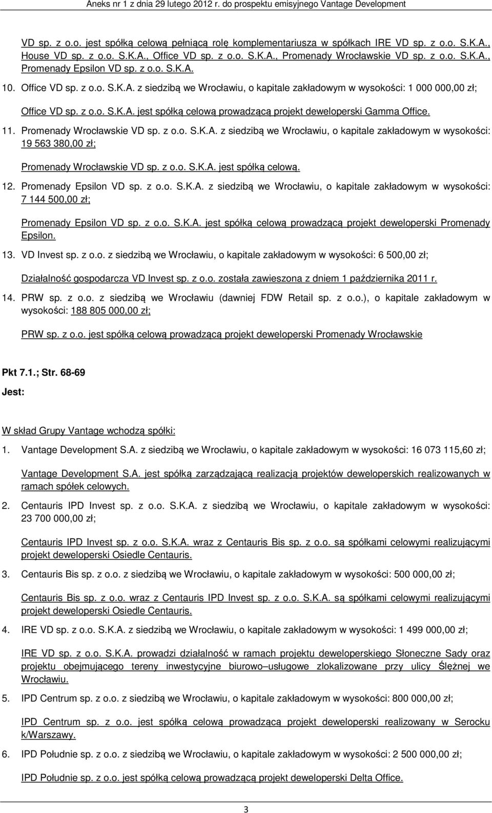 11. Promenady Wrocławskie VD sp. z o.o. S.K.A. z siedzibą we Wrocławiu, o kapitale zakładowym w wysokości: 19 563 380,00 zł; Promenady Wrocławskie VD sp. z o.o. S.K.A. jest spółką celową. 12.
