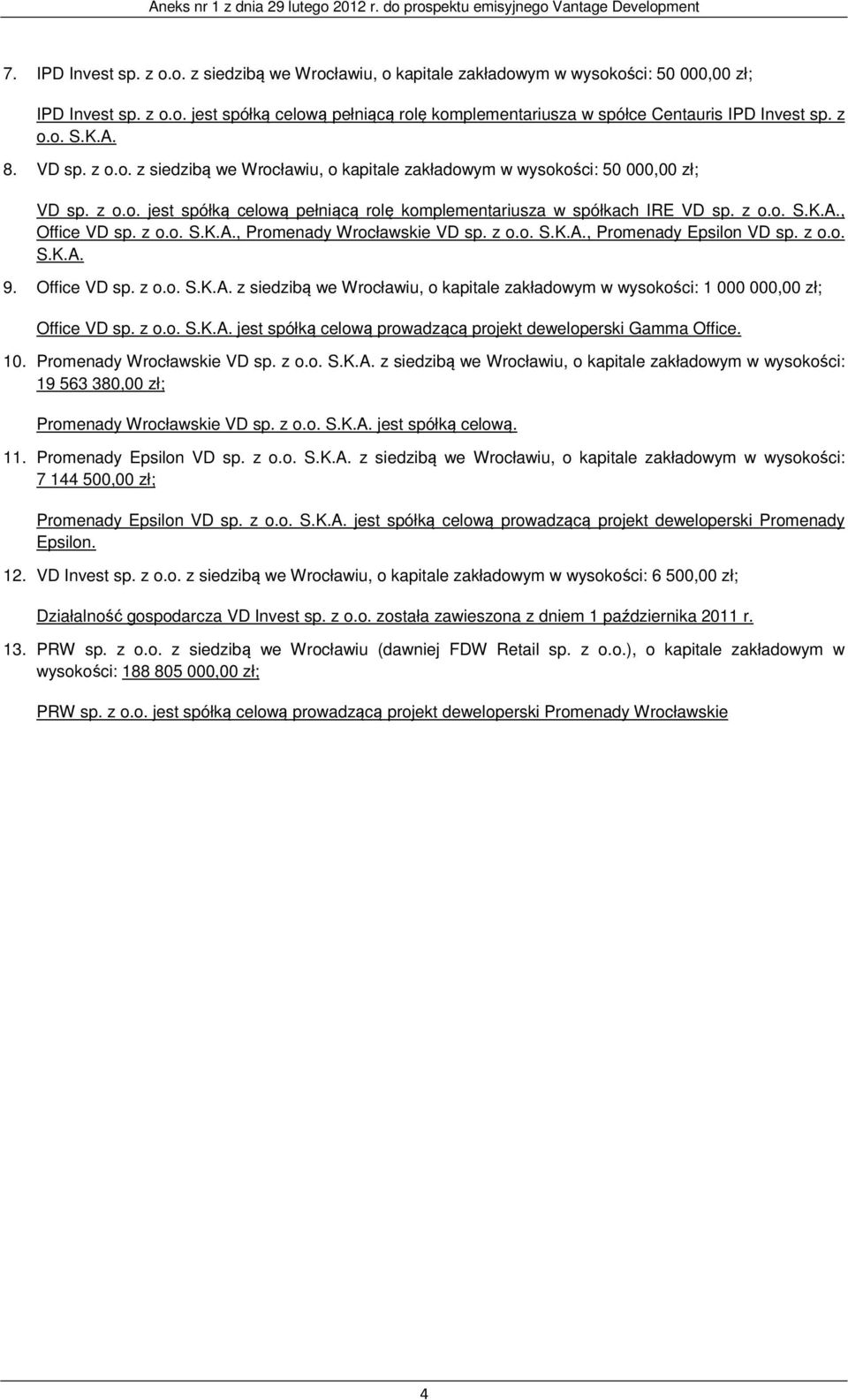 z o.o. S.K.A., Promenady Wrocławskie VD sp. z o.o. S.K.A., Promenady Epsilon VD sp. z o.o. S.K.A. 9. Office VD sp. z o.o. S.K.A. z siedzibą we Wrocławiu, o kapitale zakładowym w wysokości: 1 000 000,00 zł; Office VD sp.