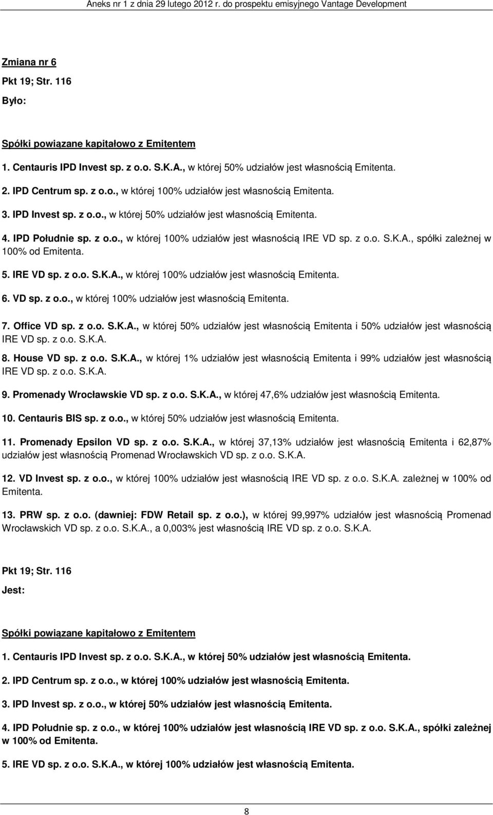 , spółki zależnej w 100% od Emitenta. 5. IRE VD sp. z o.o. S.K.A., w której 100% udziałów jest własnością Emitenta. 6. VD sp. z o.o., w której 100% udziałów jest własnością Emitenta. 7. Office VD sp.