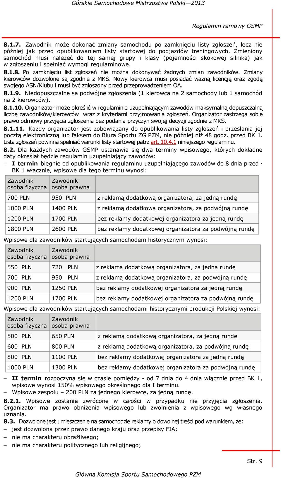 1.8. Po zamknięciu list zgłoszeń nie można dokonywać żadnych zmian zawodników. Zmiany kierowców dozwolone są zgodnie z MKS.