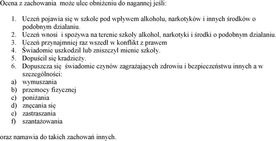 Uczeń wnosi i spożywa na terenie szkoły alkohol, narkotyki i środki o podobnym działaniu. 3. Uczeń przynajmniej raz wszedł w konflikt z prawem 4.