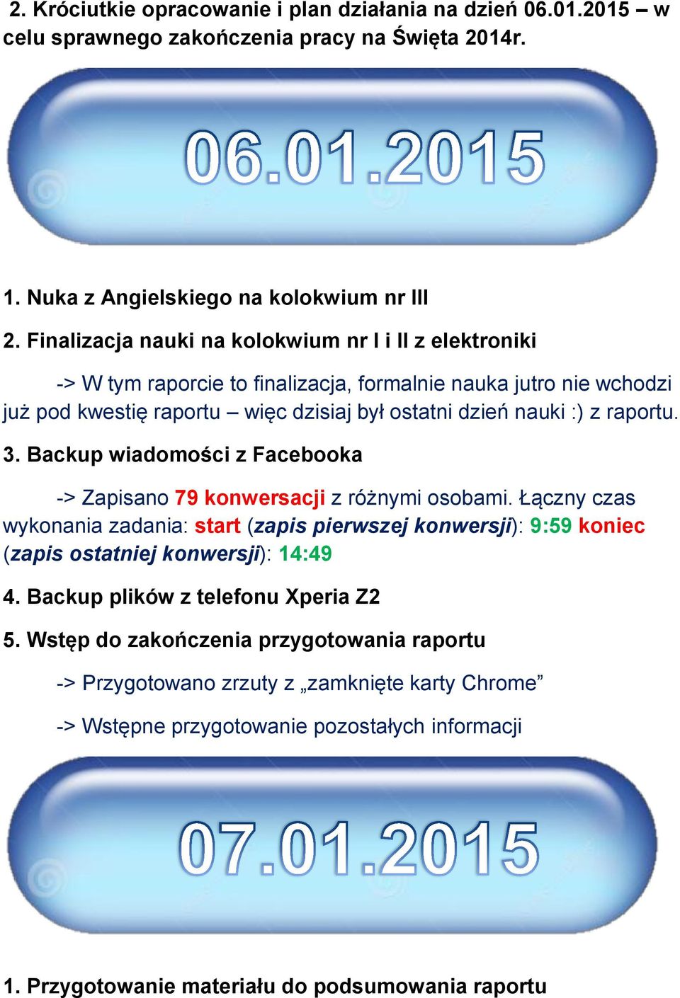 raportu. 3. Backup wiadomości z Facebooka -> Zapisano 79 konwersacji z różnymi osobami.
